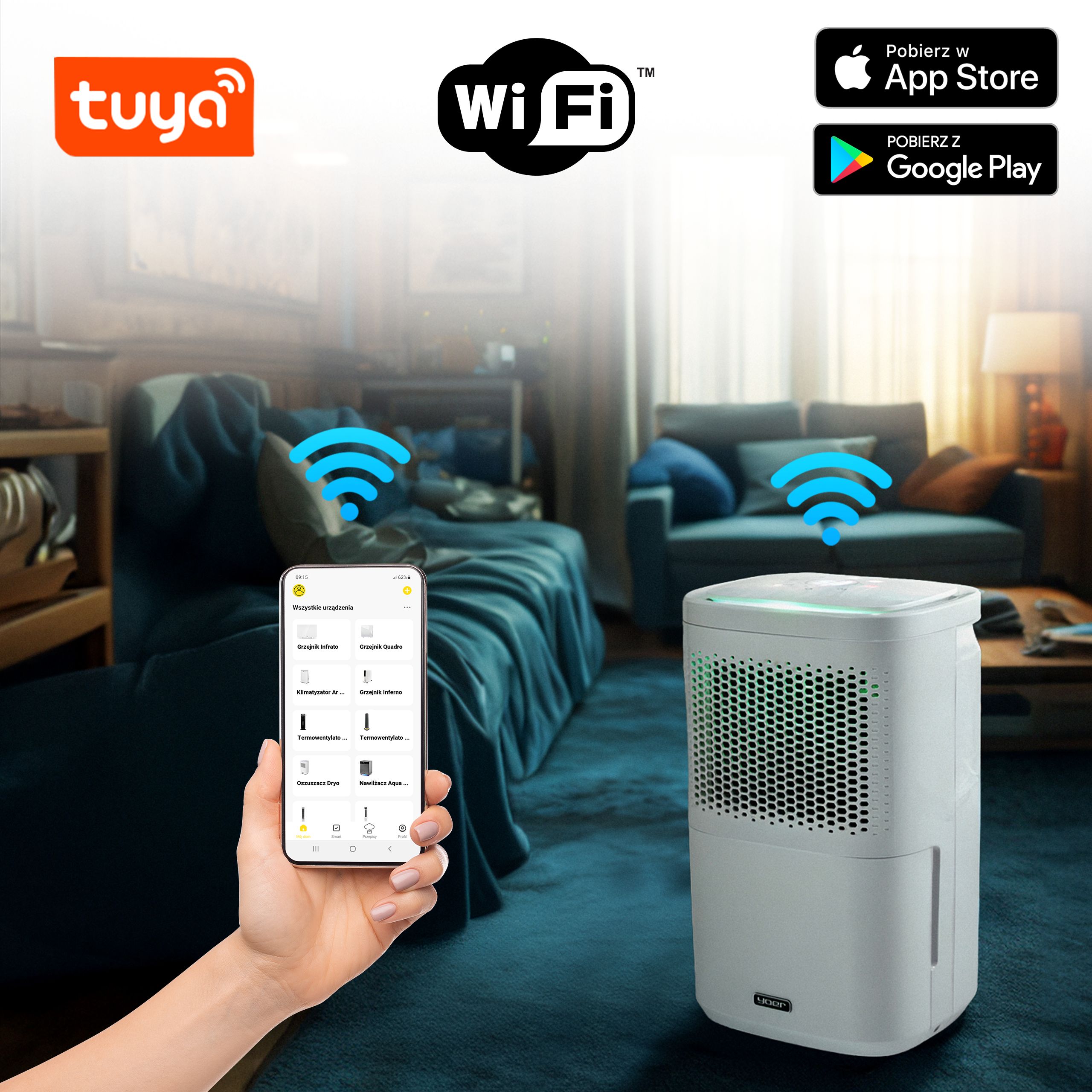 Dłoń trzyma telefon z kontrolkami urządzeń smart home. W pobliżu znajduje się osuszacz powietrza.