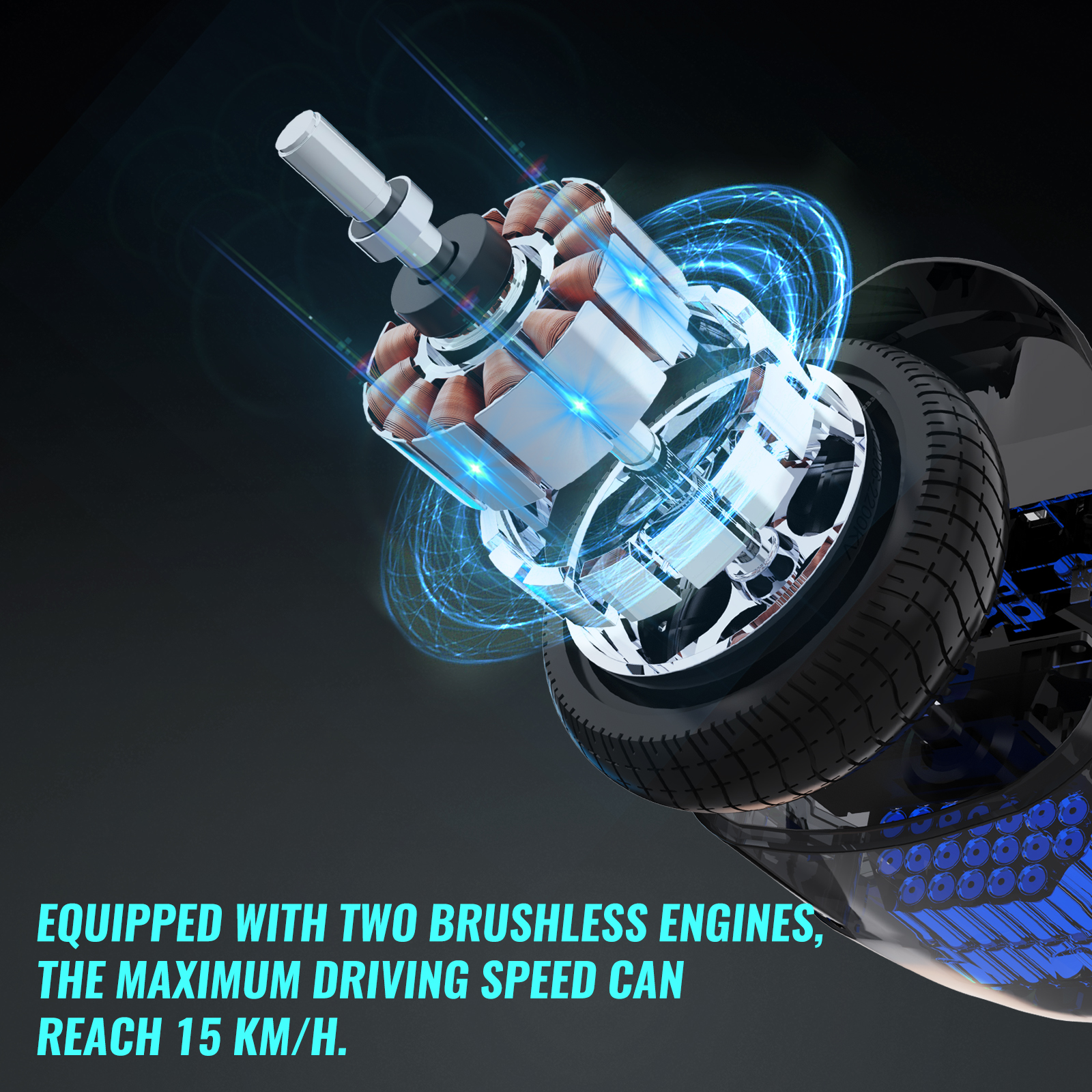 Un motor eléctrico con neumático, efectos de luz azul y texto: Equipado con dos motores sin escobillas, velocidad 15 km/h.