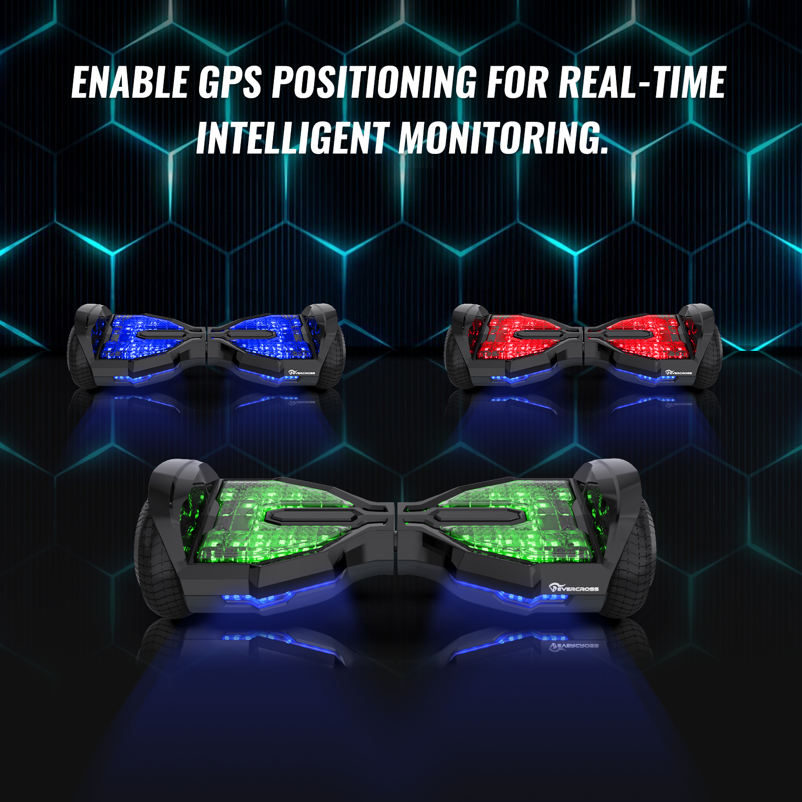 La imagen muestra tres hoverboards con luces azules, rojas y verdes. El texto dice: "ENABLE GPS POSITIONING FOR REAL-TIME INTELLIGENT MONITORING."