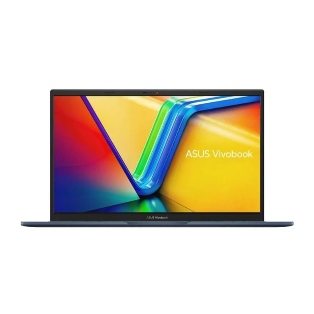 Mavi bir ASUS Vivobook dizüstü bilgisayar açık. Ekran, marka adıyla renkli soyut bir tasarım görüntülüyor.