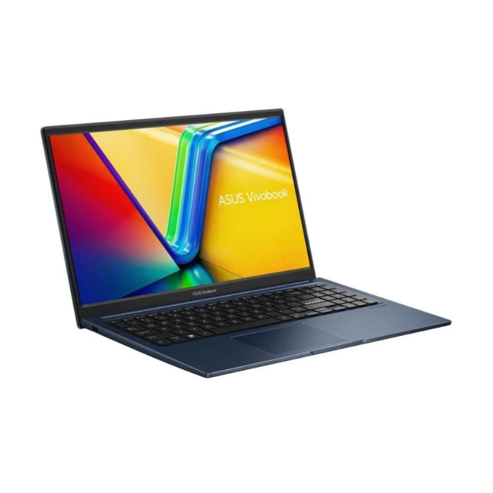 Mavi bir ASUS Vivobook dizüstü bilgisayar açık, renkli soyut bir görüntü gösteriyor. Klavye görülebilir. Arka plan beyaz.