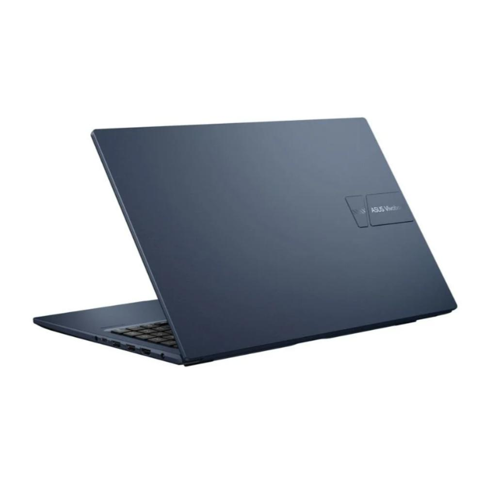 Lacivert renkli bir ASUS Vivobook dizüstü bilgisayar beyaz bir zemin üzerine açılmış. Ekran açık ve klavye görülebilir.