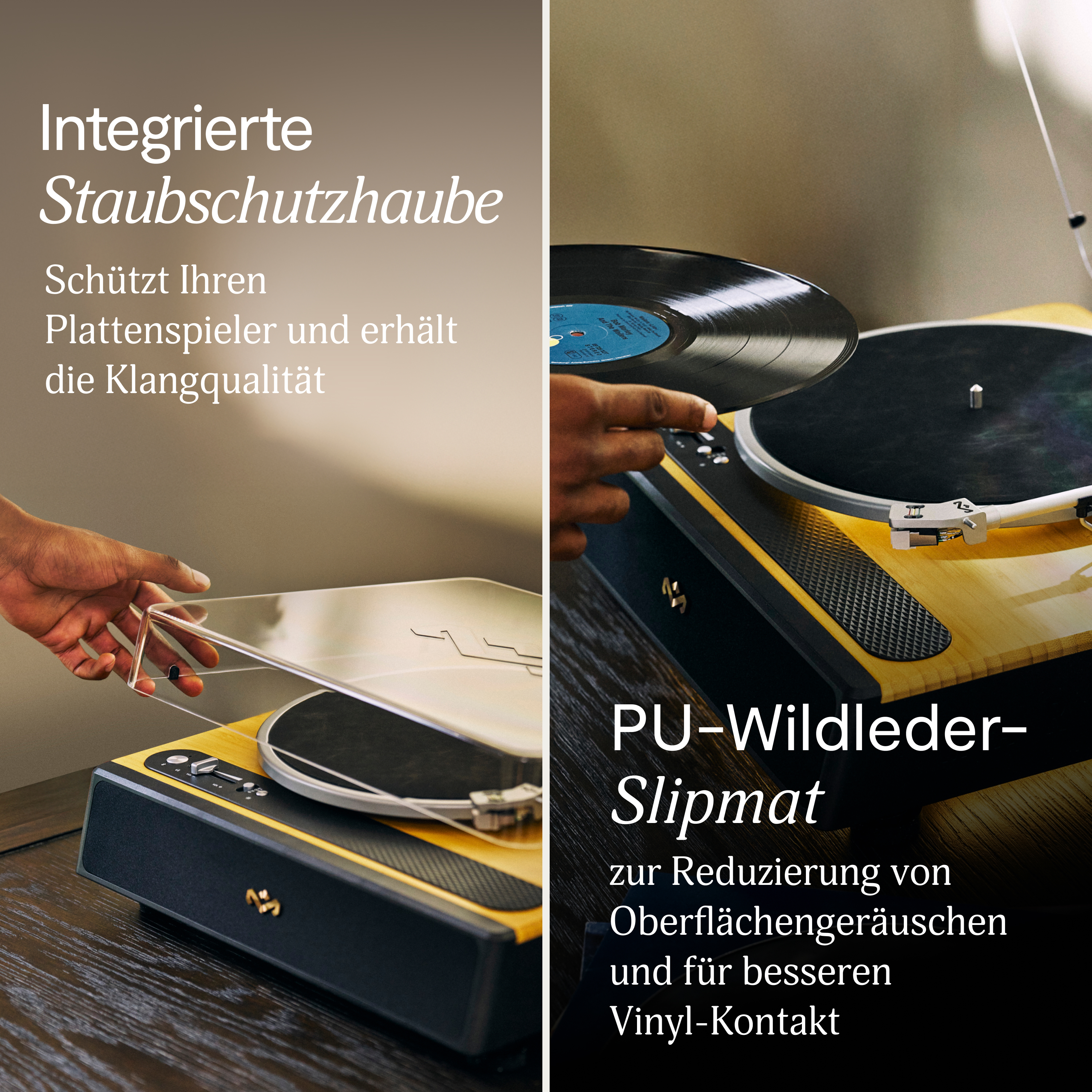 Ein Plattenspieler mit Schallplatte und eine Hand, die die Staubschutzhaube anhebt. Der Text beschreibt die Produktmerkmale.