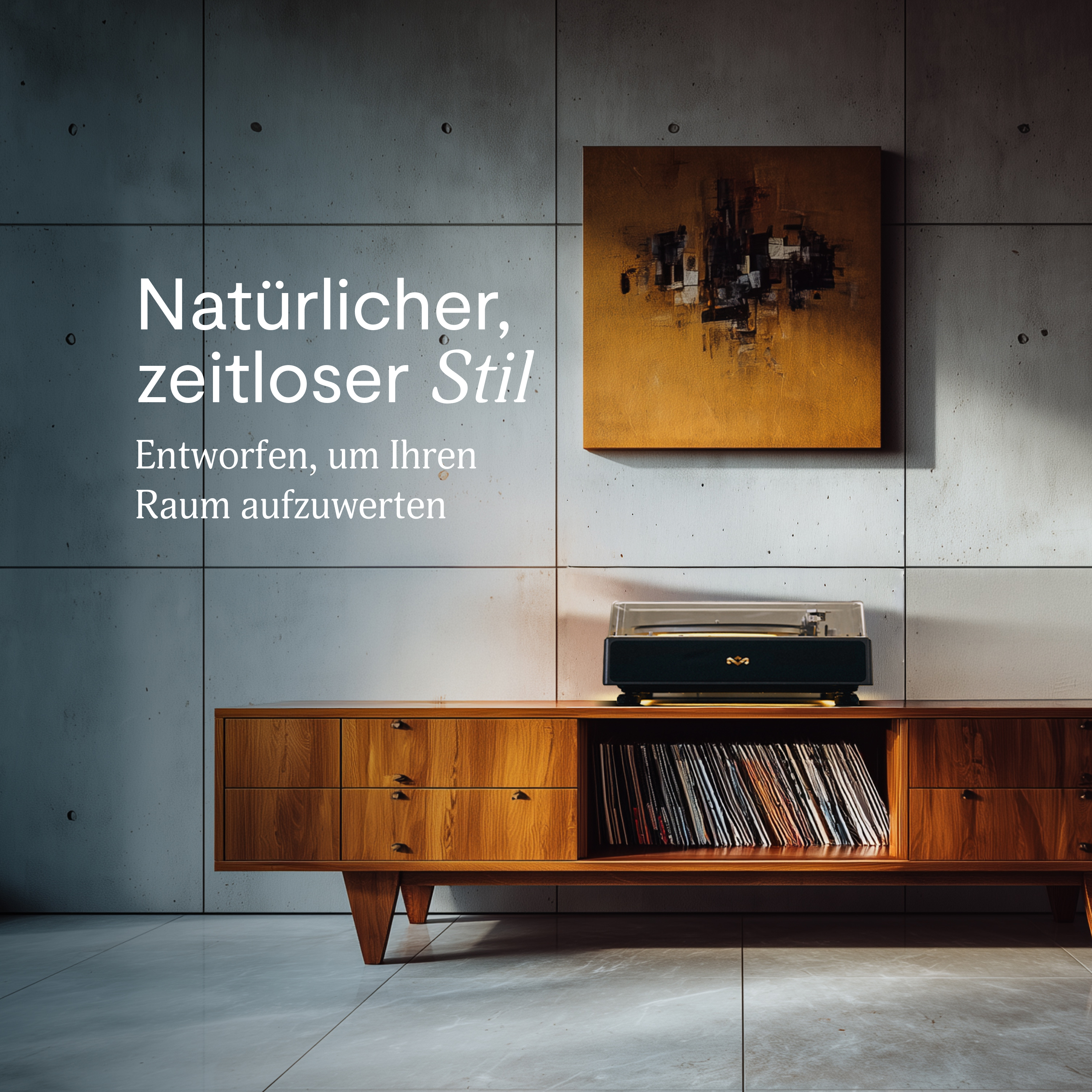 Ein Holzschrank mit Plattenspieler, Schallplatten und einem Gemälde an der Wand, Betonhintergrund.