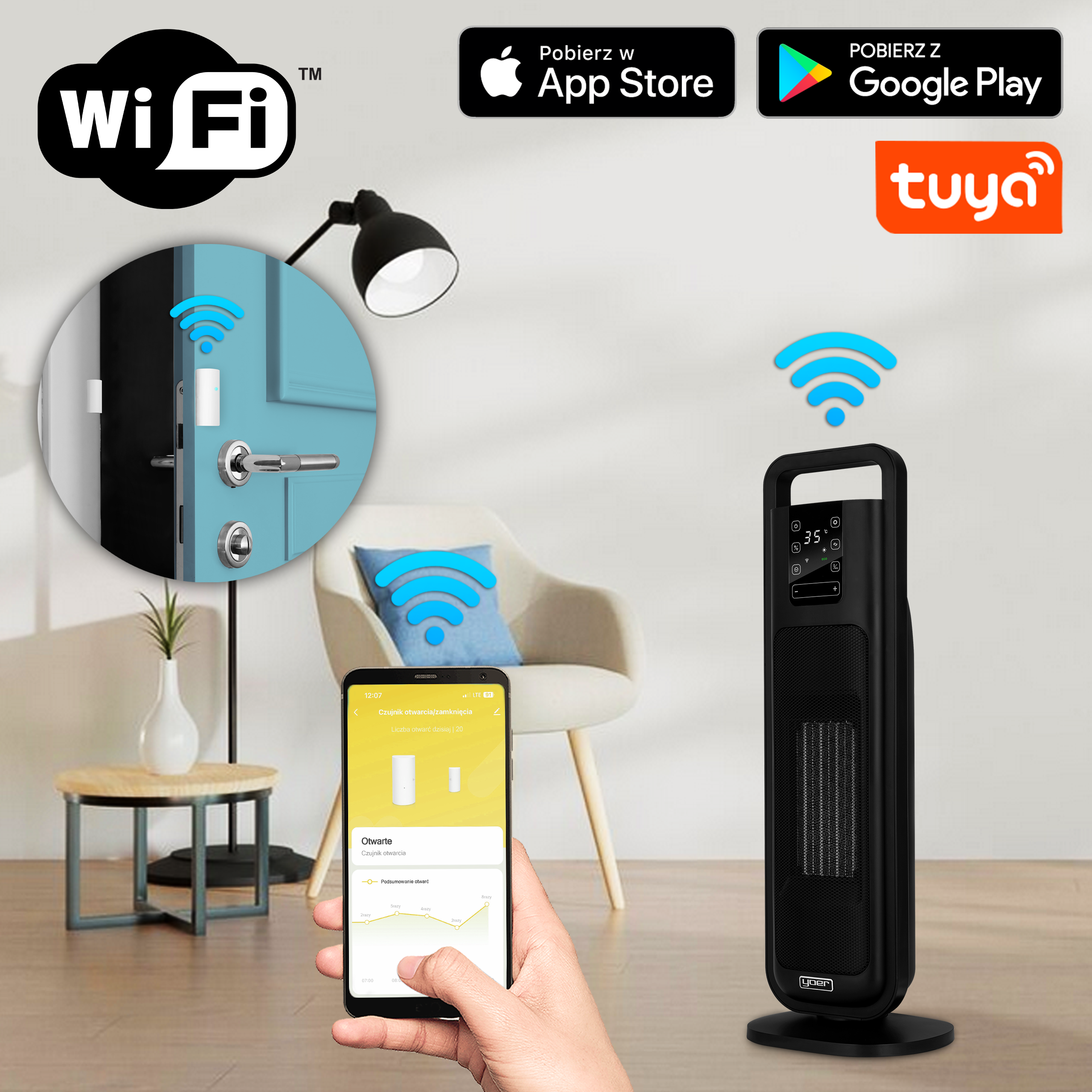 Czarny grzejnik sterowany telefonem pokazuje temperaturę. Symbol WiFi. Czujnik drzwi i ikony App Store/Google Play.