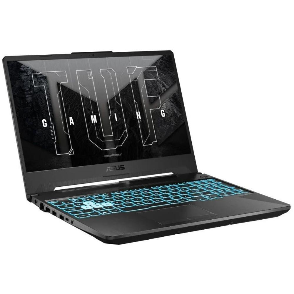 Siyah bir ASUS TUF oyun dizüstü bilgisayarı görüntüleniyor. Ekran TUF logosunu gösteriyor. Klavye mavi arka aydınlatmaya sahip.