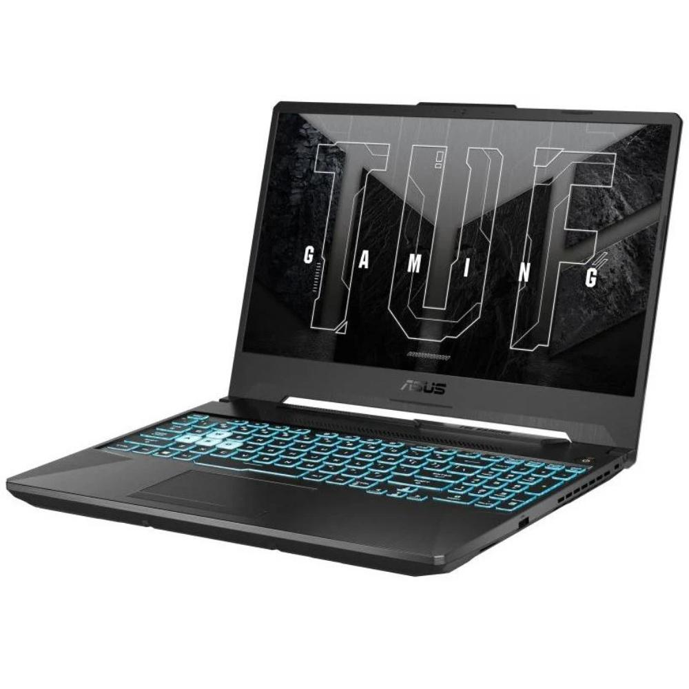 Siyah ASUS TUF oyun dizüstü bilgisayarı. Ekranda 'TUF GAMING' yazıyor. Klavyenin arka ışığı mavi.
