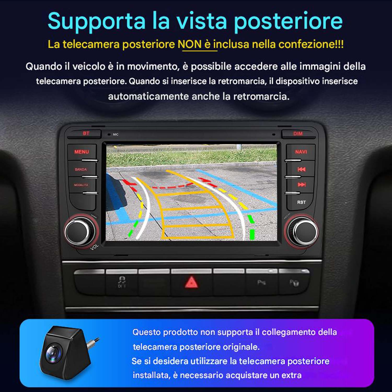Schermo del cruscotto dell'auto che mostra la vista posteriore con linee di parcheggio. Testo in italiano: 'Supporta la vista posteriore', telecamera non inclusa.