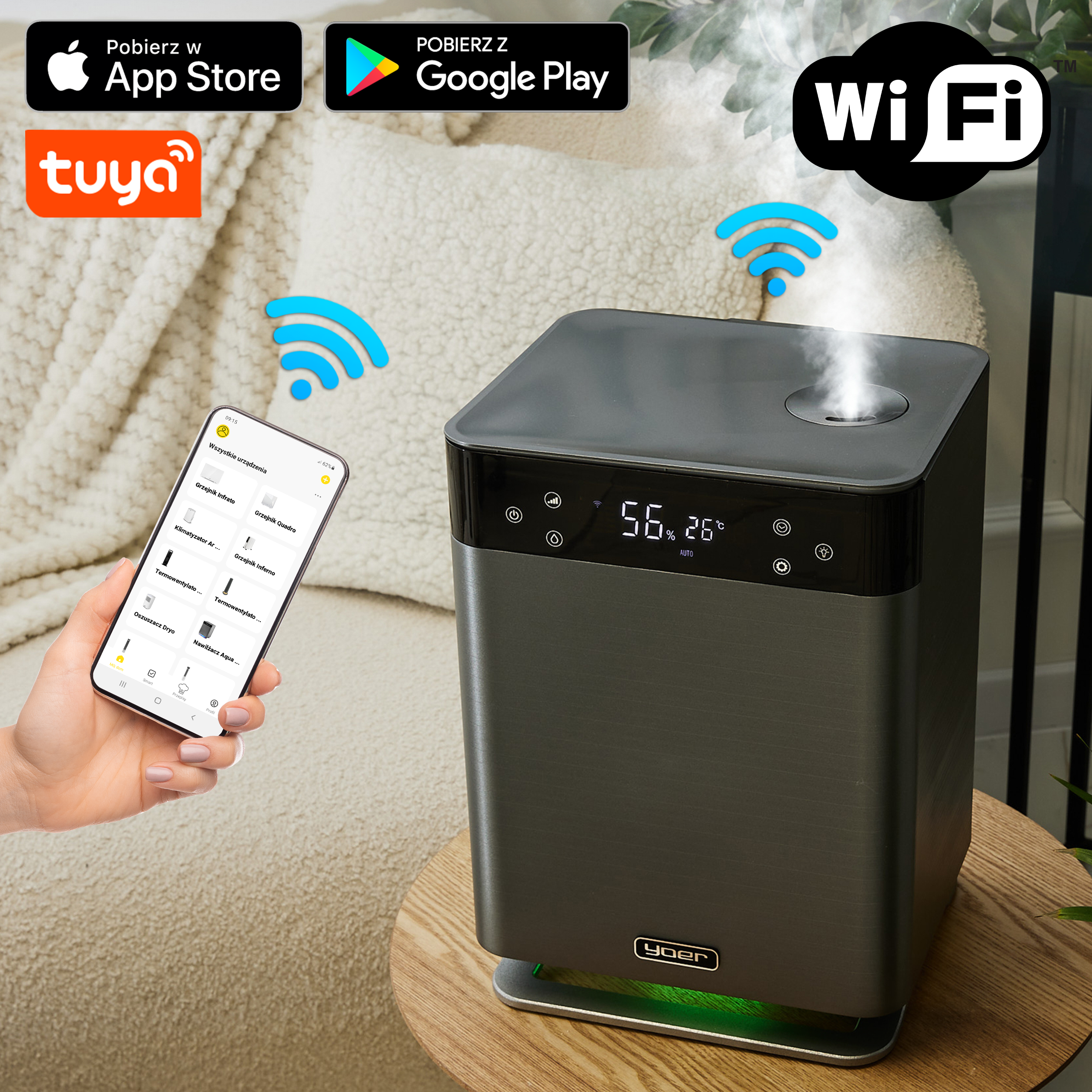 Nawilżacz na stole, telefon z aplikacją, symbol Wifi, logo App Store i Google Play.