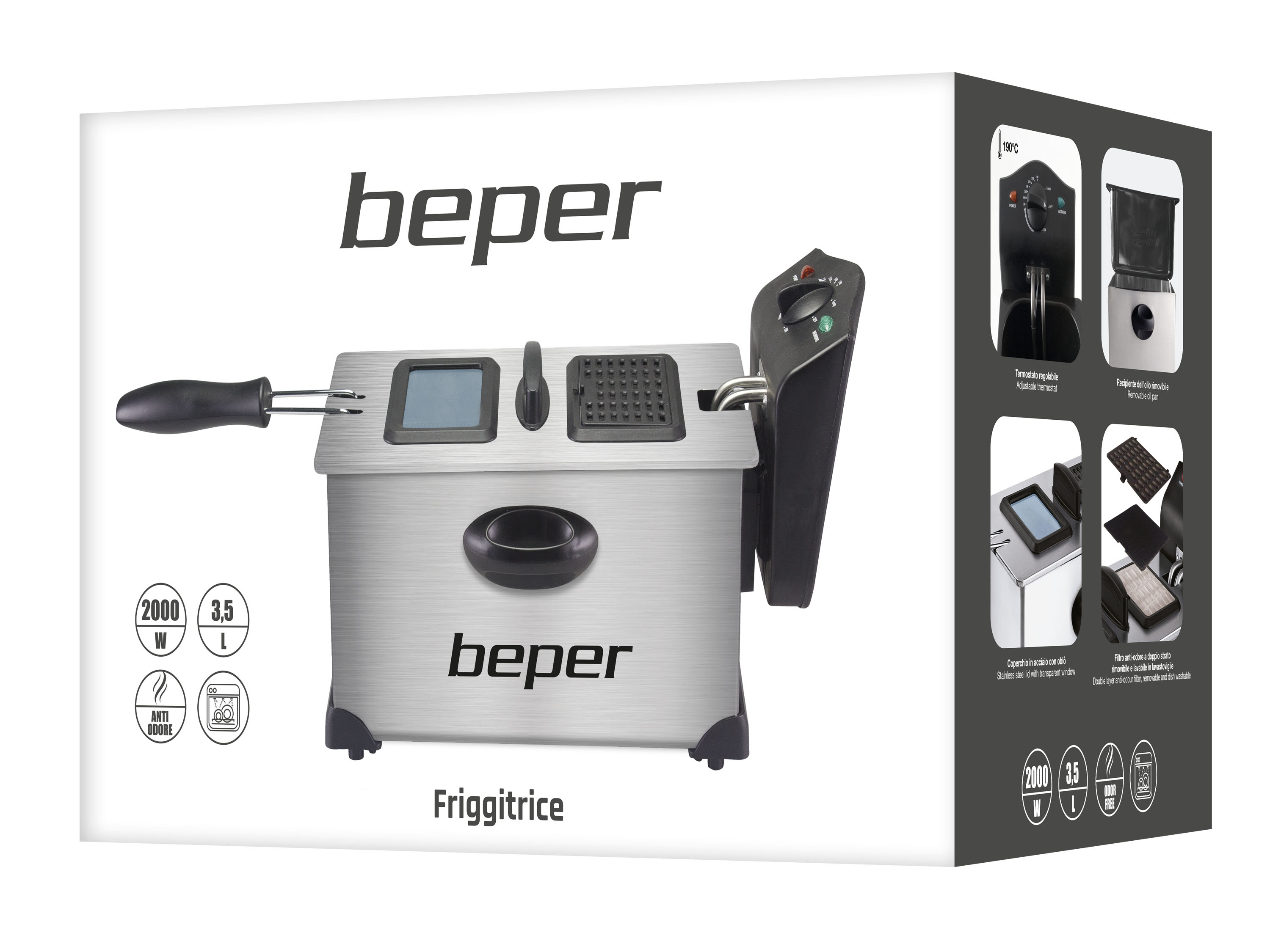 Una friggitrice Beper argentata con manico nero, pannello di controllo e accessori. Contiene testo e icone.