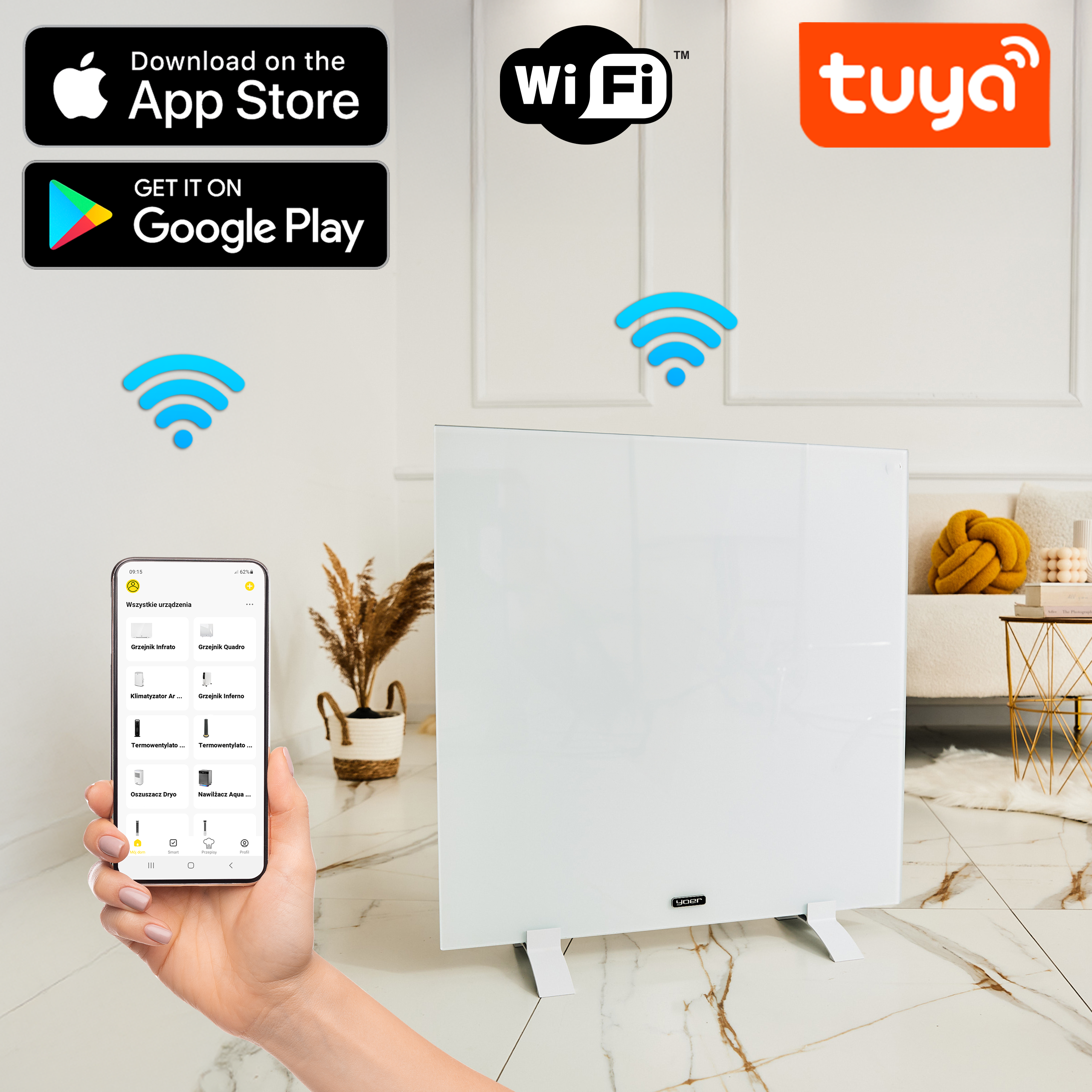 Biały grzejnik panelowy obok telefonu z aplikacją. Widoczne logo Wi-Fi i Tuya, oraz ikony sklepów z aplikacjami.