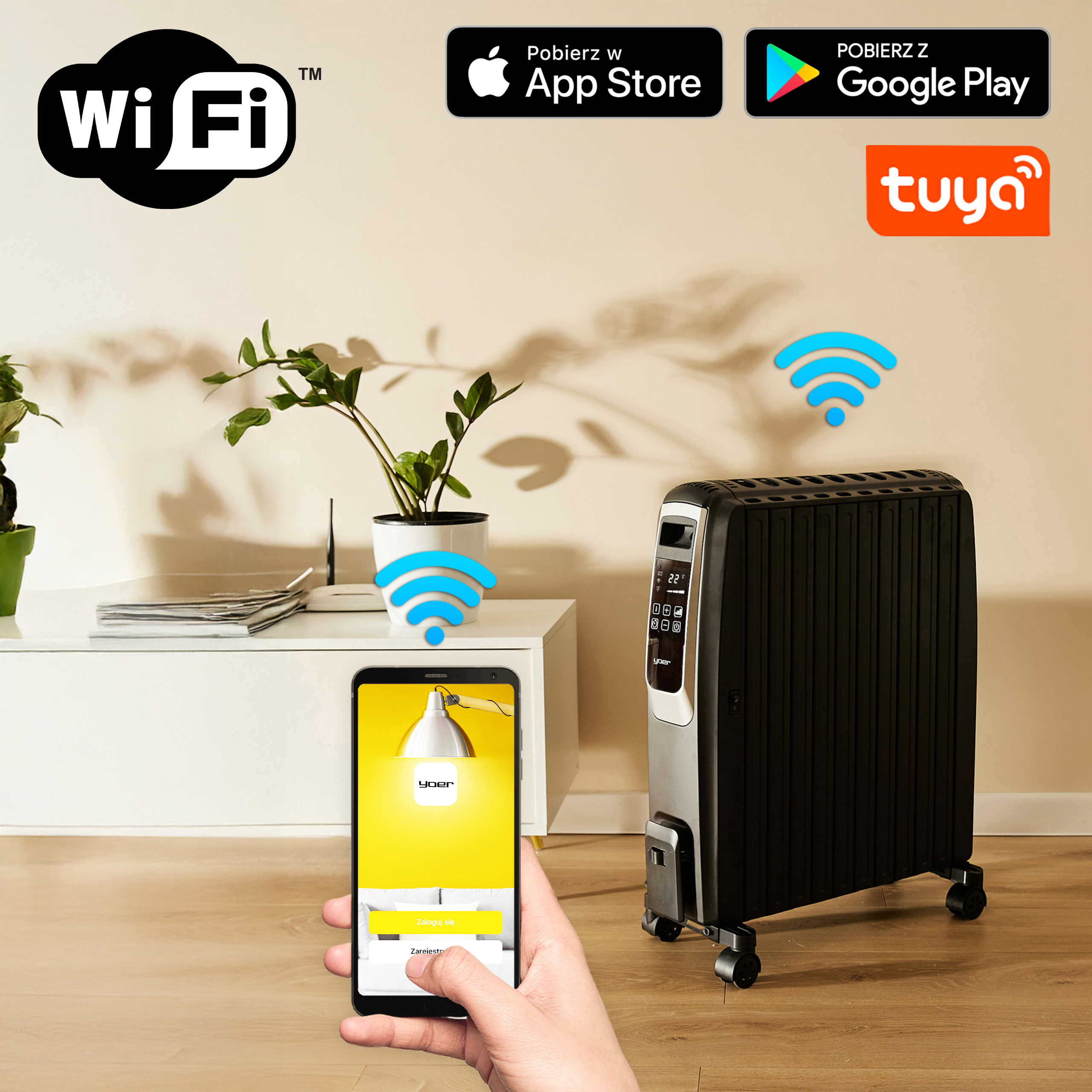 Dłoń trzymająca telefon, kontrolująca grzejnik. Wi-Fi, logo App Store i Google Play, roślina i grzejnik widoczne.