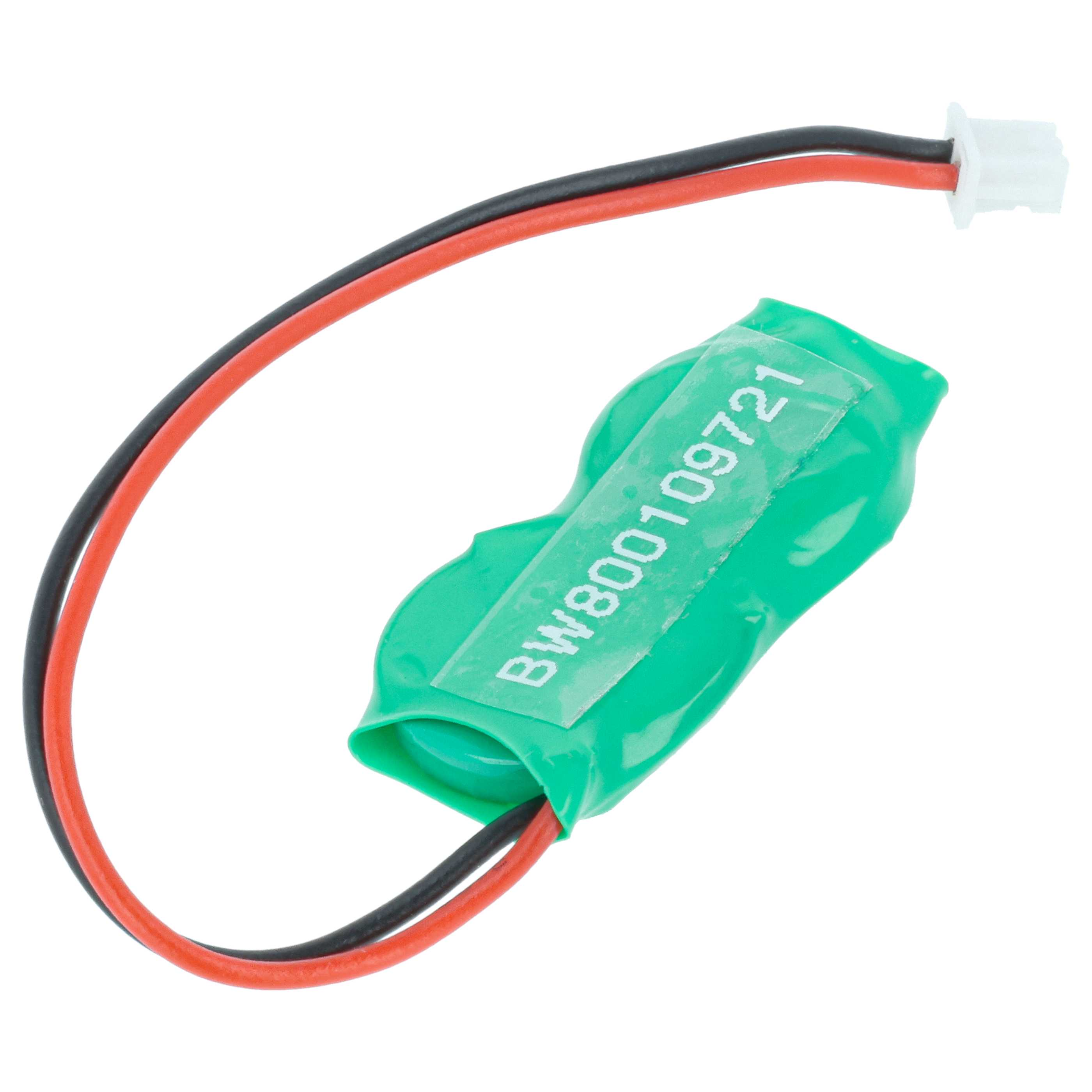 Eine grüne Batterie mit einem Aufkleber mit der Aufschrift BW800109721, verbunden mit roten und schwarzen Drähten, die mit einem weißen Stecker enden.