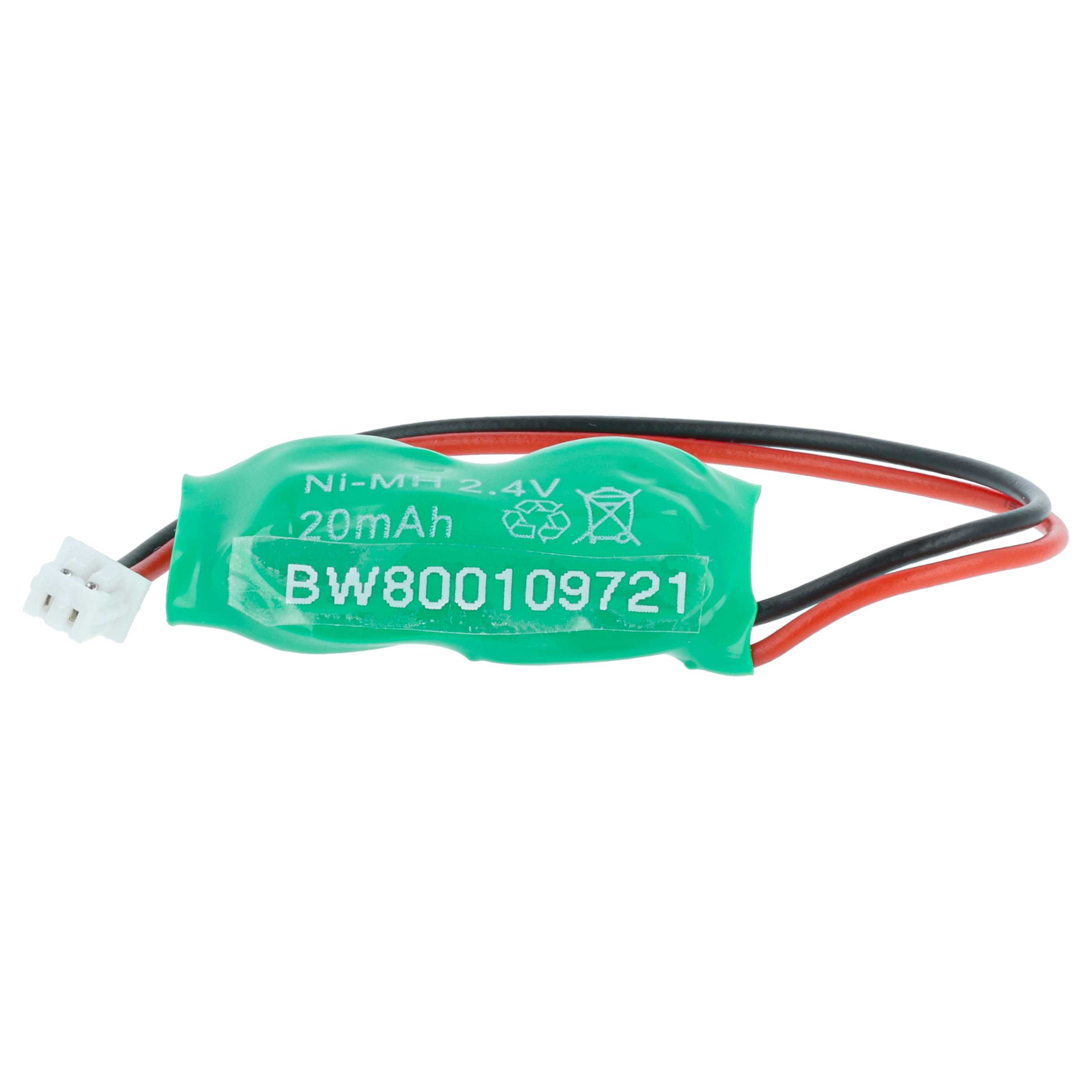 Eine grüne Ni-MH-Batterie mit schwarzen und roten Drähten. Sie hat einen weißen Anschluss. Text enthält Spezifikationen und die Nummer BW800109721.