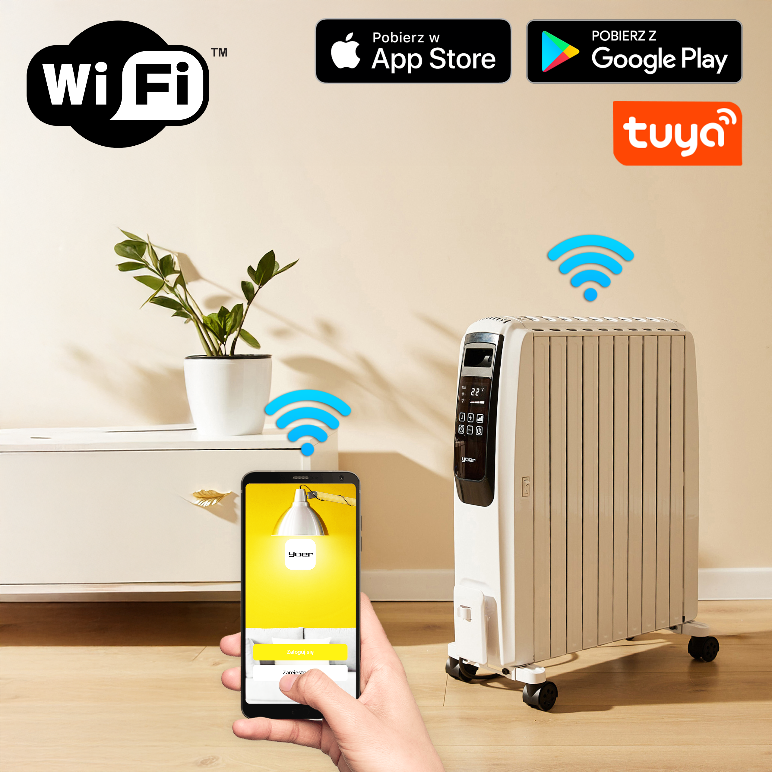 Smartfon z aplikacją trzymany blisko kaloryfera. Scena zawiera roślinę, ikonę Wi-Fi i logo sklepów z aplikacjami.