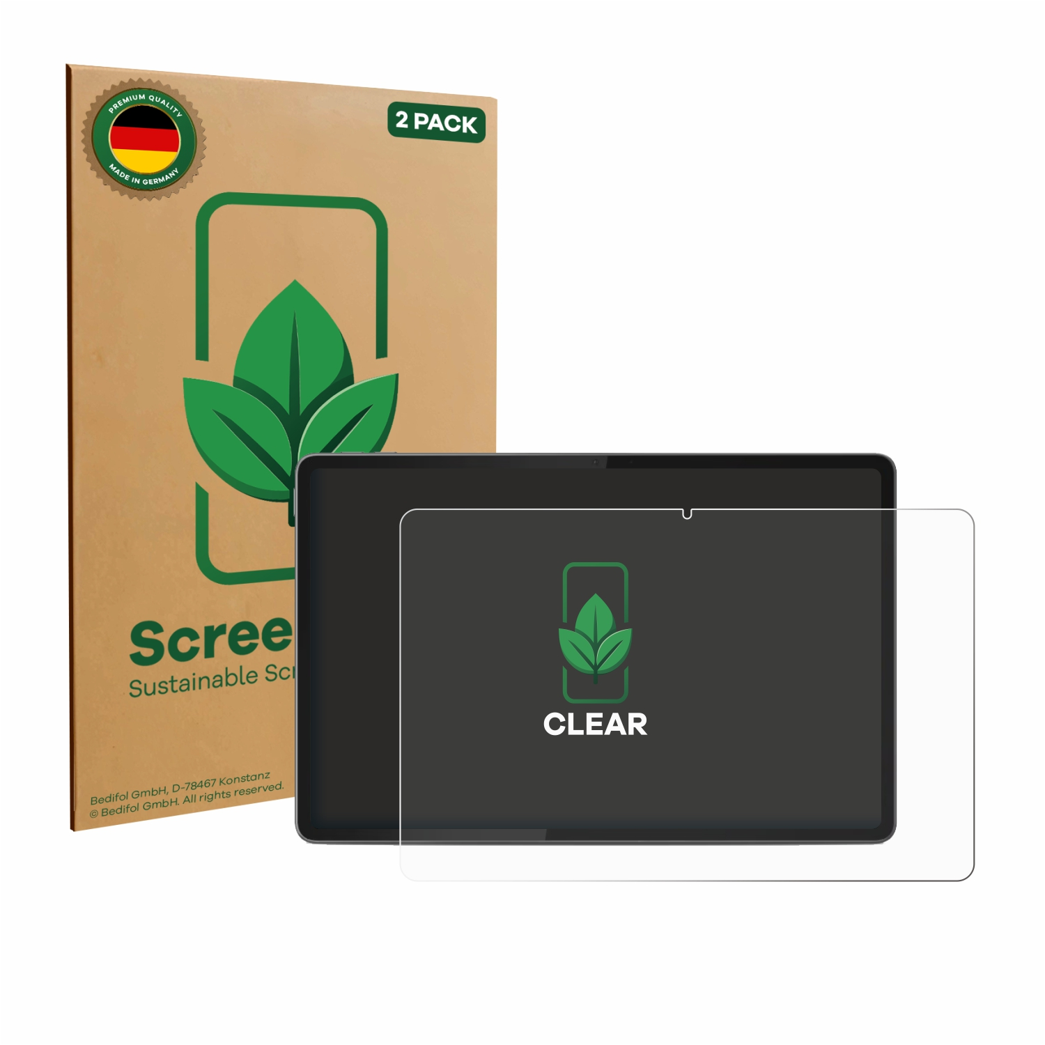 Ein Displayschutz für ein Tablet wird mit seiner Verpackung gezeigt. Die Verpackung hat ein grünes Blatt-Logo und sagt '2er-Pack'.