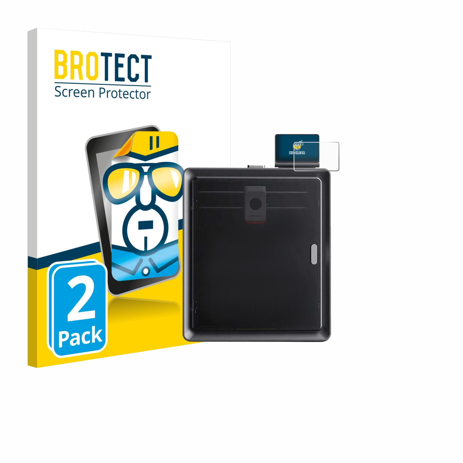 Eine Displayschutzbox mit einer Telefonillustration, einem schwarzen Tablet und einem kleinen Displayschutz. Die Box sagt 'BROTECT' und '2er Pack'.