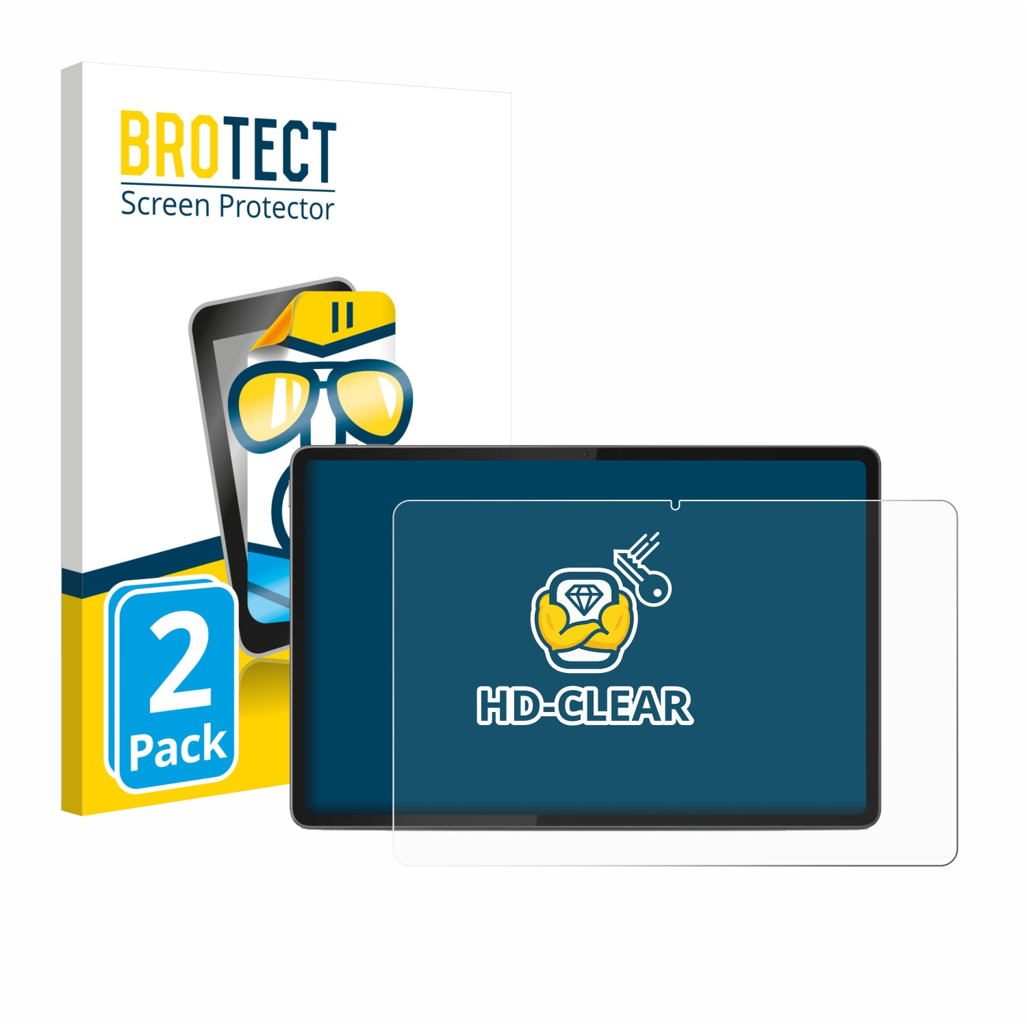 Ein Displayschutzset mit Tablet, Box und Schutzfolie. Die Box hat die Aufschrift 'BROTECT' und '2 Pack'. HD-CLEAR ist gedruckt.