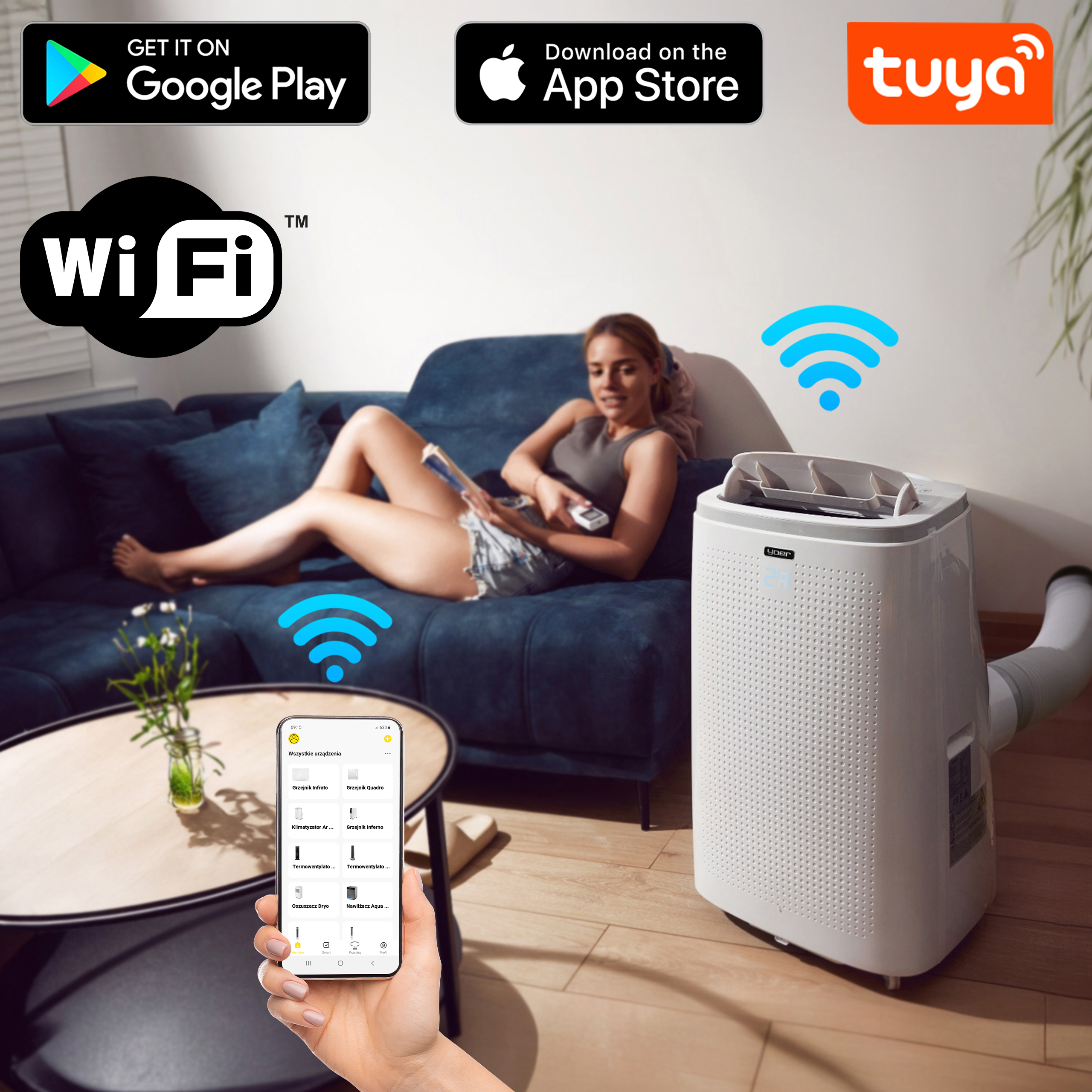 Kobieta używa pilota w pobliżu kanapy i klimatyzatora. Telefon wyświetla elementy sterowania aplikacją.