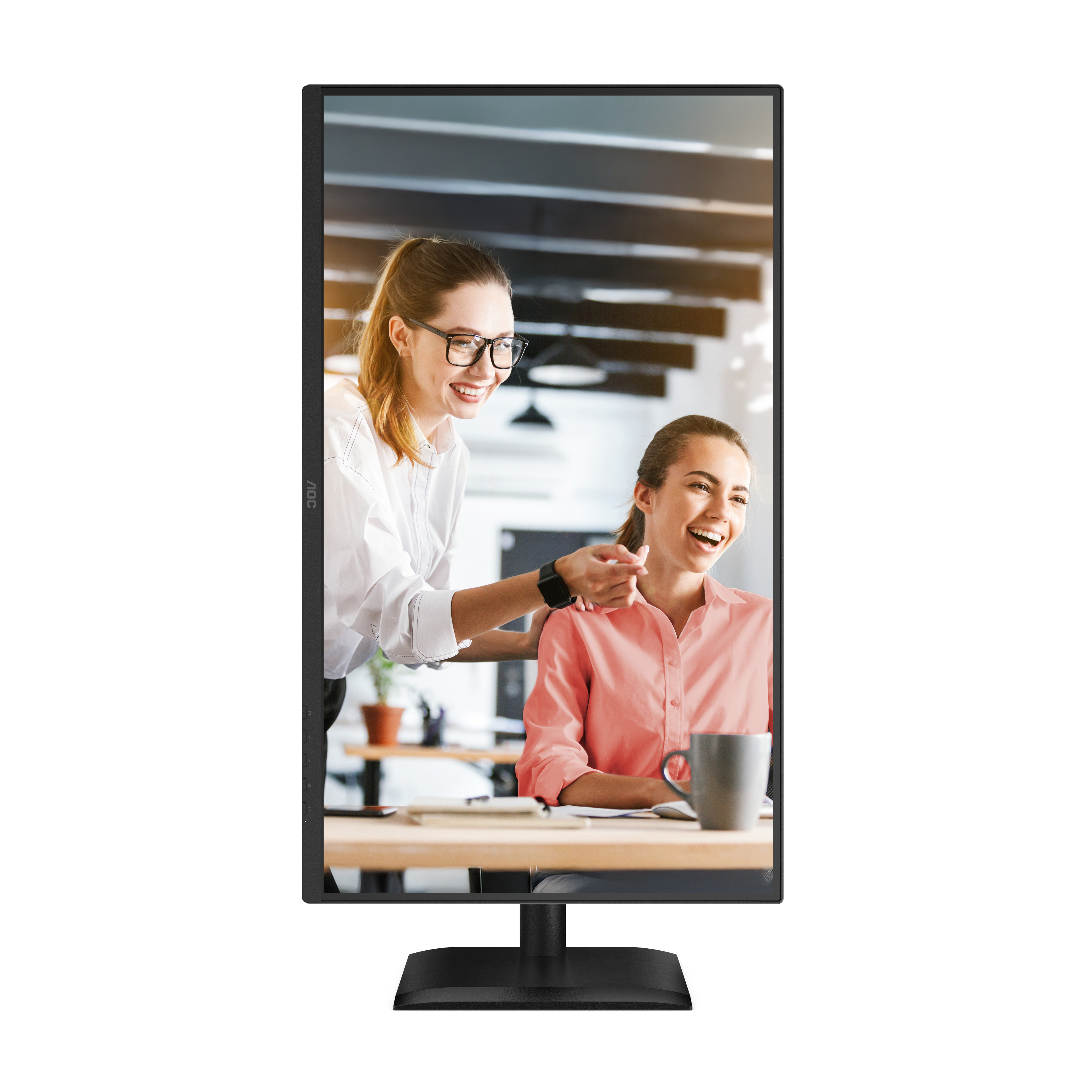 Two women laughing, one pointing. One wears glasses and a white shirt, the other a pink shirt. Set on a monitor.