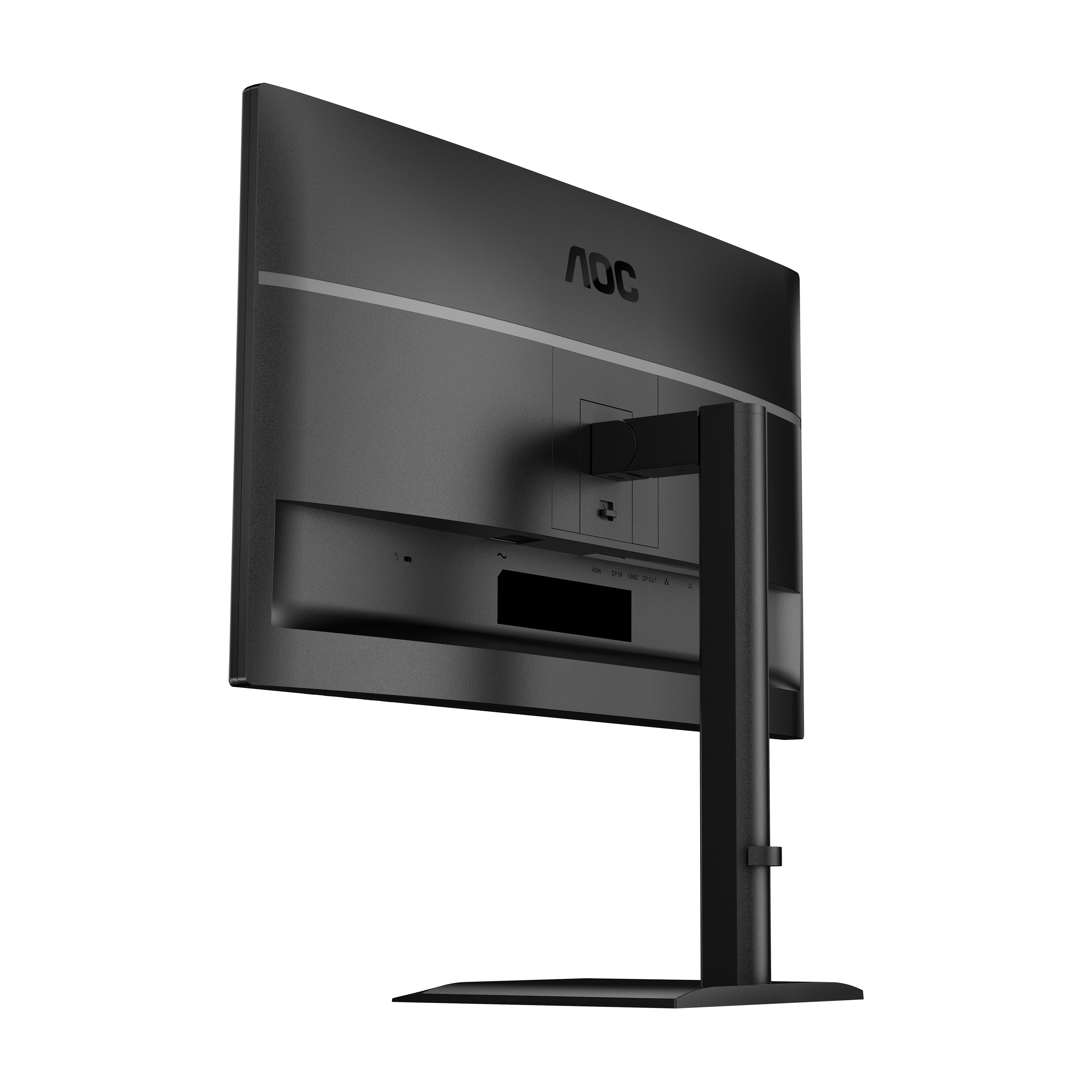 Black AOC monitor, angled, on black stand. Rear view reveals ports and logo. White background.