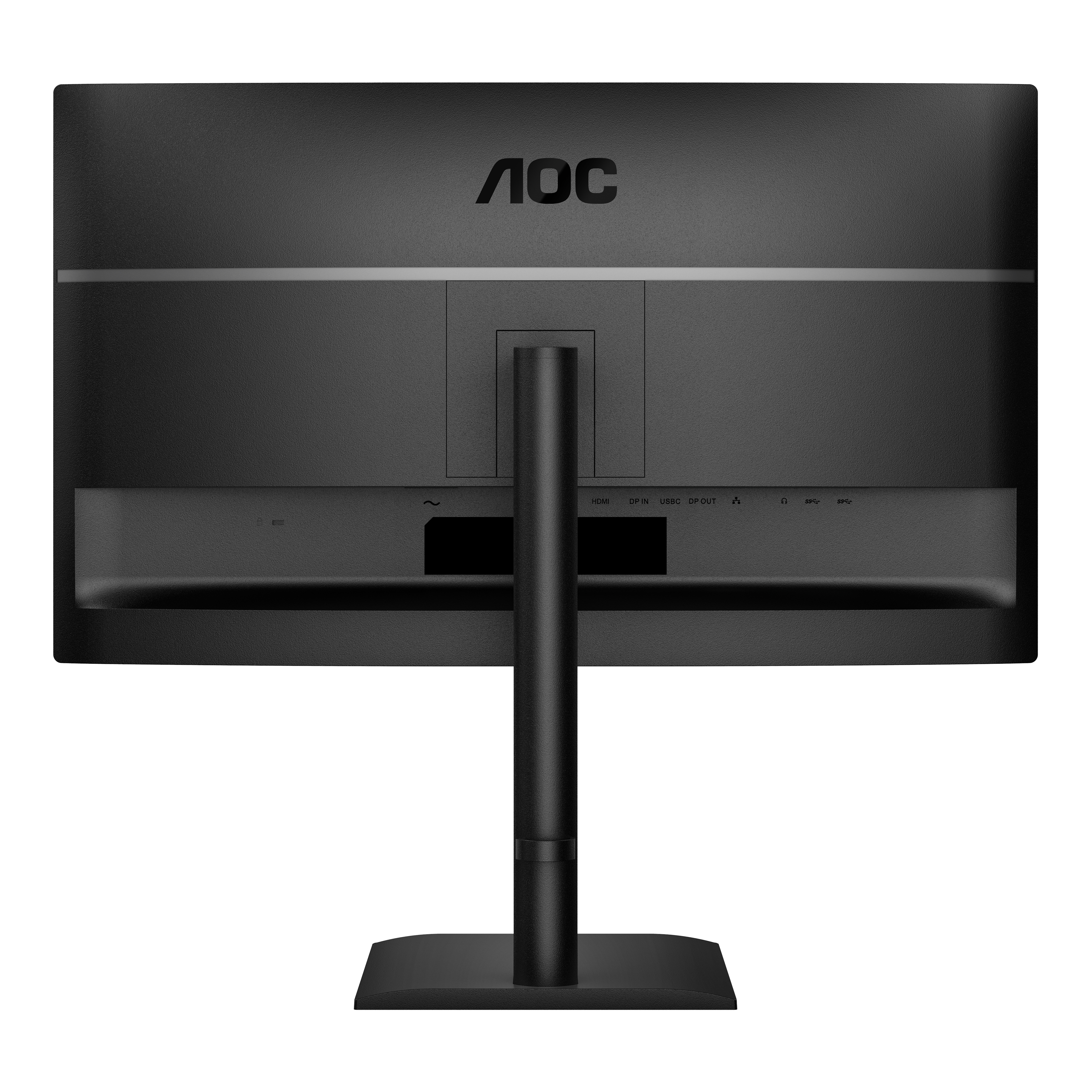Back of a black AOC monitor. It has a stand, ports, and the AOC logo. The surface is textured.