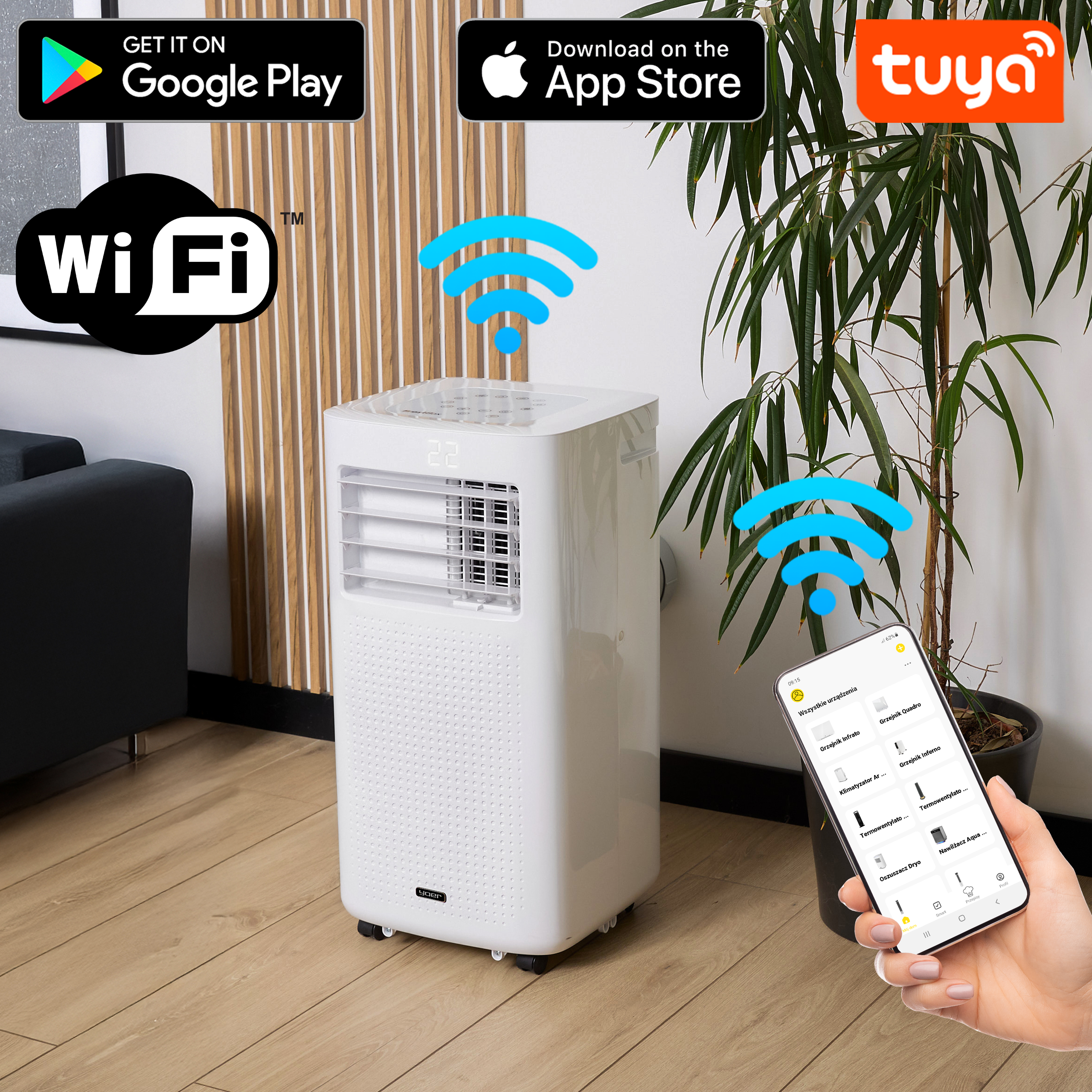 Biały klimatyzator z wyświetlaczem cyfrowym. Telefon pokazuje interfejs aplikacji. Widoczne logo Wi-Fi i ikony sklepu z aplikacjami.