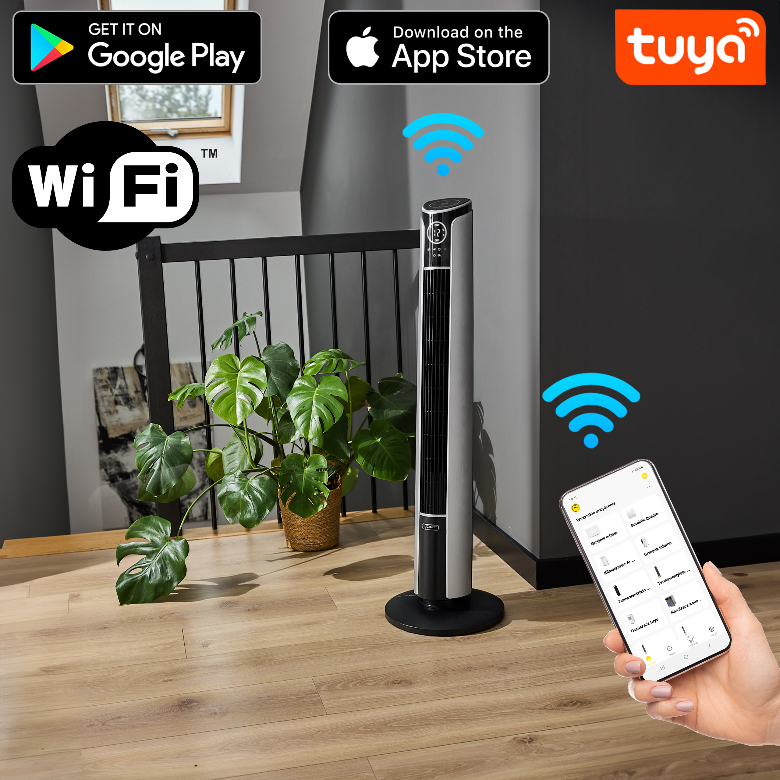 Inteligentny wentylator sterowany telefonem, z symbolem Wi-Fi, logo Tuya i przyciskami pobierania aplikacji.