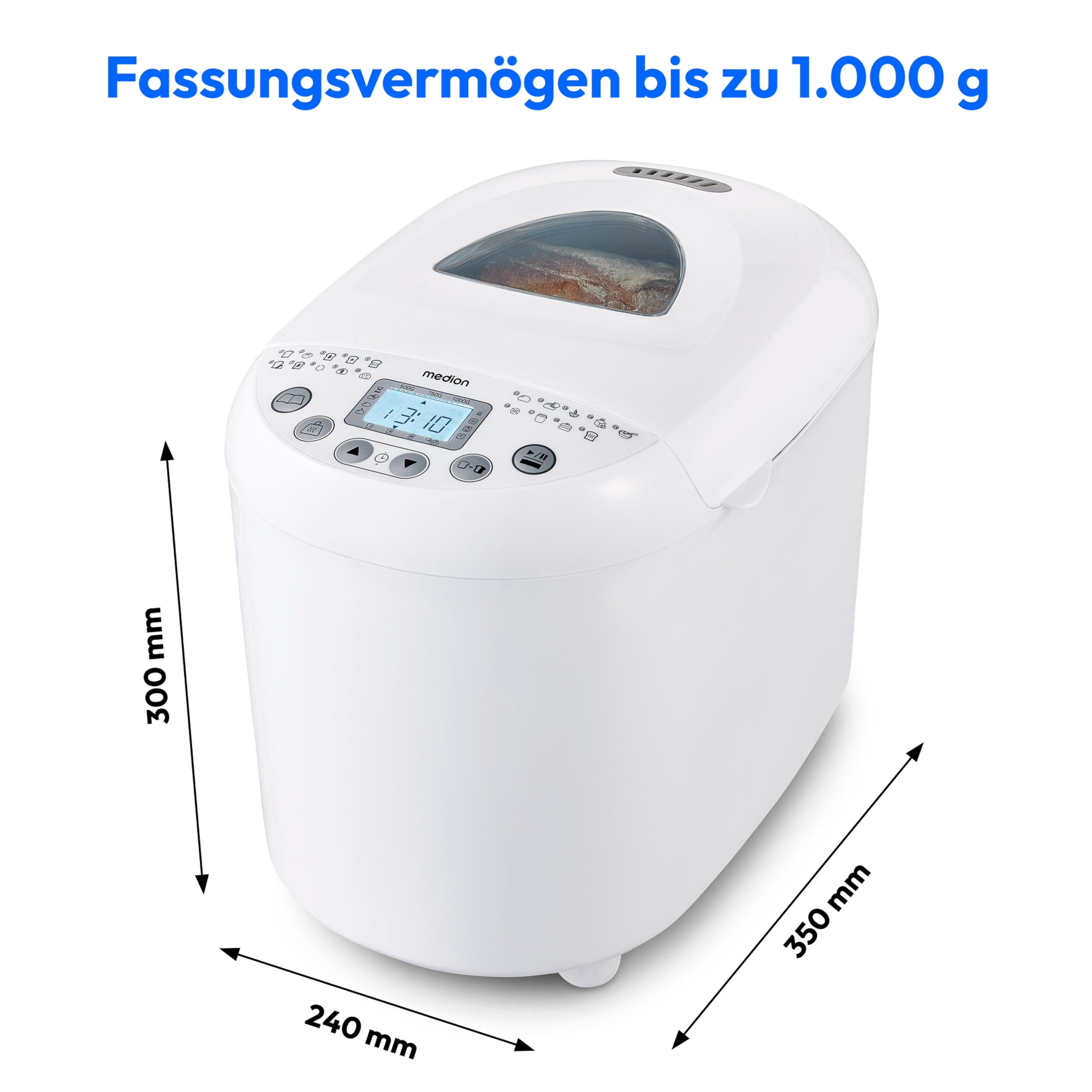 Weiße Brotbackmaschine mit Digitalanzeige. Auf dem Bild sind die Abmessungen und der Text 'Fassungsvermögen bis zu 1.000 g' angegeben.