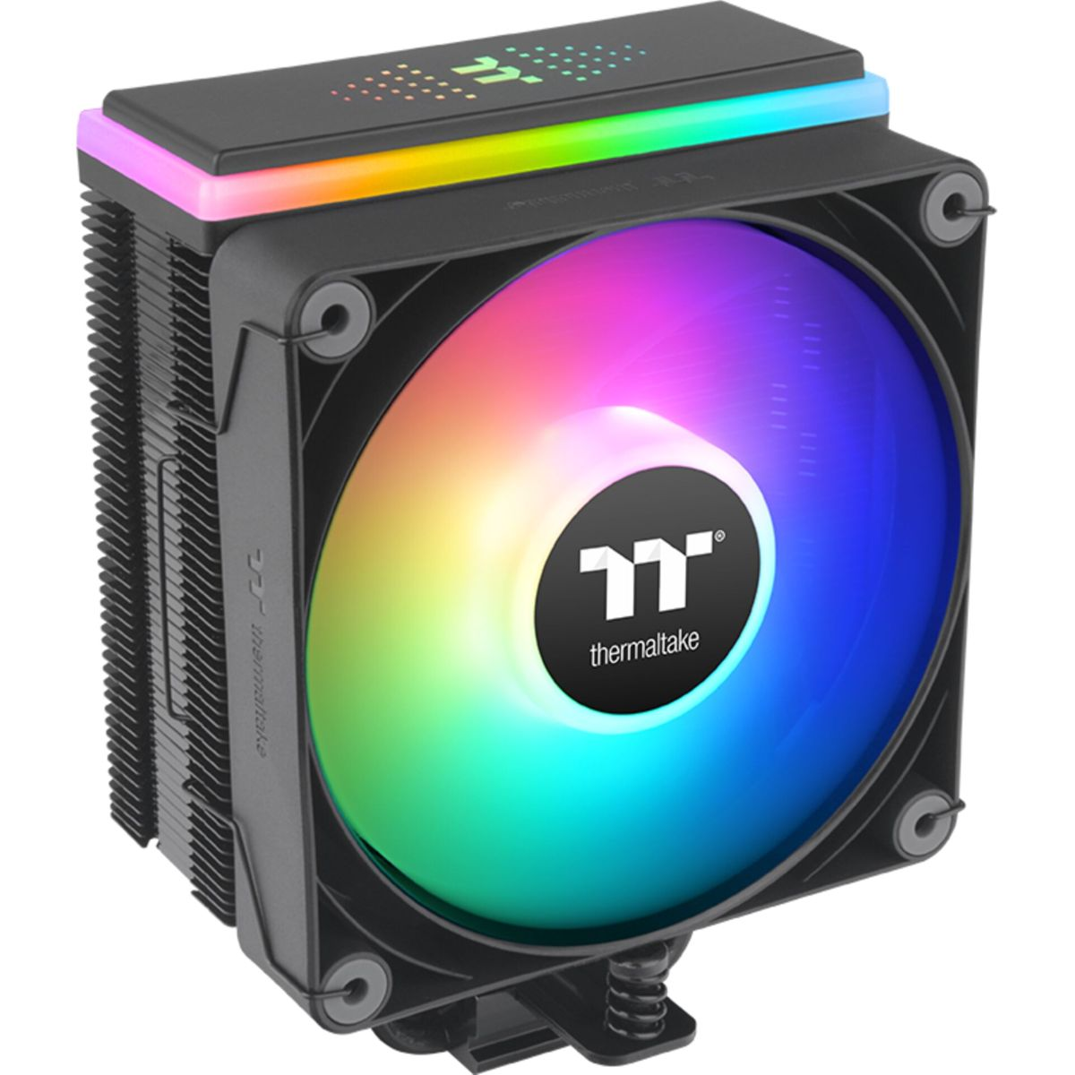 Chłodzenie procesora Thermaltake z tęczowym wentylatorem. Ma czarną ramę i radiator, widoczne jest logo Thermaltake.