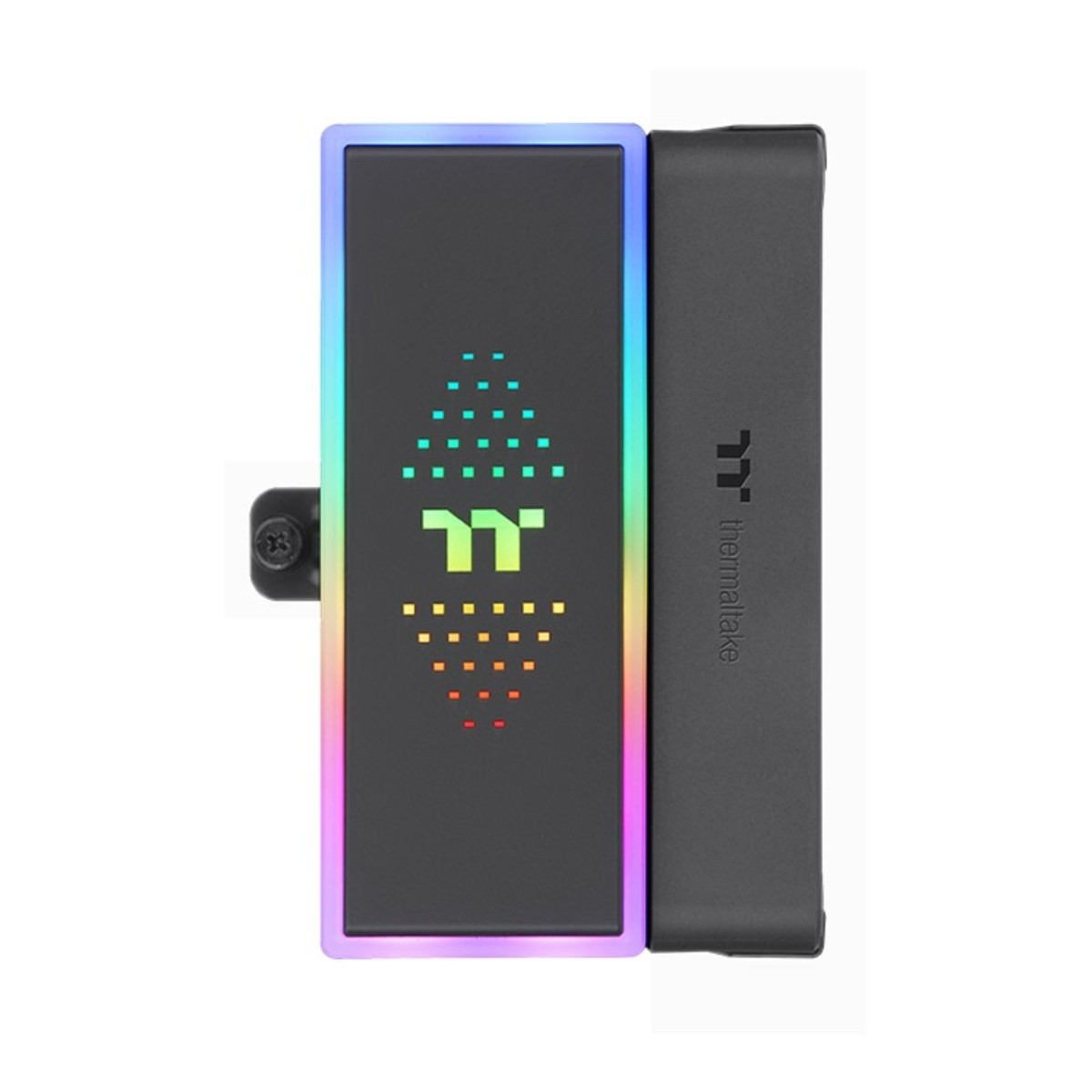 Czarne prostokątne urządzenie z kolorową obwódką i logo. Dołączony jest drugi czarny blok. Thermaltake jest wydrukowane z boku.