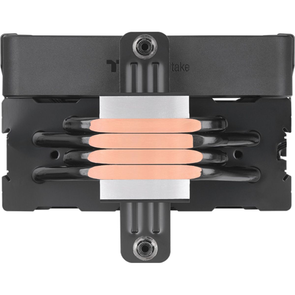 Czarny i miedziany cooler procesora. Posiada radiator, miedziane rurki cieplne i system mocowania wentylatora.