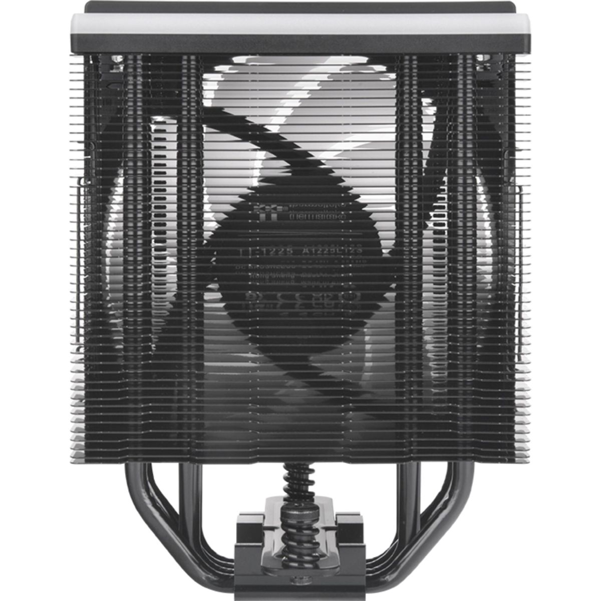 Czarny cooler CPU z żeberkami i wentylatorem. Ma prostokątny kształt ze srebrnym wierzchem i czarną podstawą ze sprężyną.