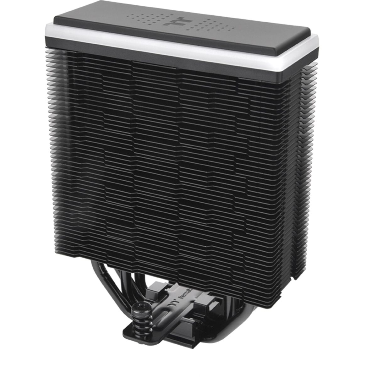 Czarny cooler CPU z poziomymi żeberkami i czarnym wierzchem. Wierzch ma srebrną obwódkę. Kable i podstawa są na dole.