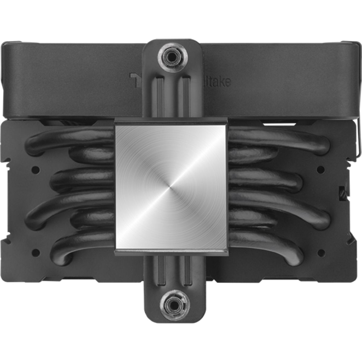 Czarny cooler CPU z srebrnym środkiem. Posiada rurki cieplne, wsporniki montażowe i markę Thermaltake.