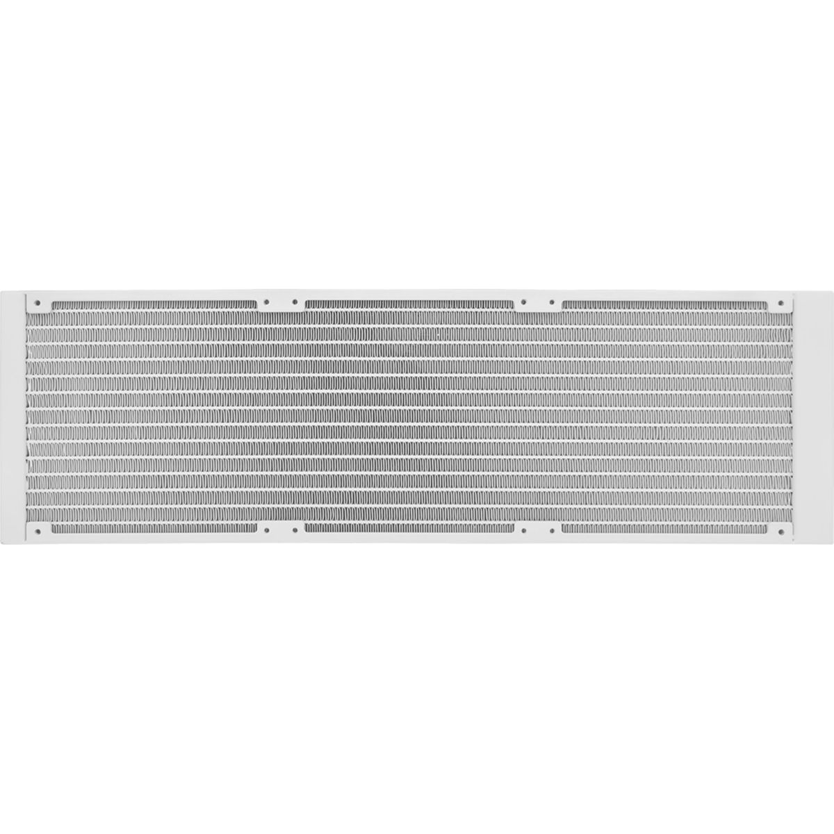 Prostokątny biały grzejnik z gęstą siatką żeber. Ma małe otwory na górnej i dolnej krawędzi i znajduje się na białym tle.
