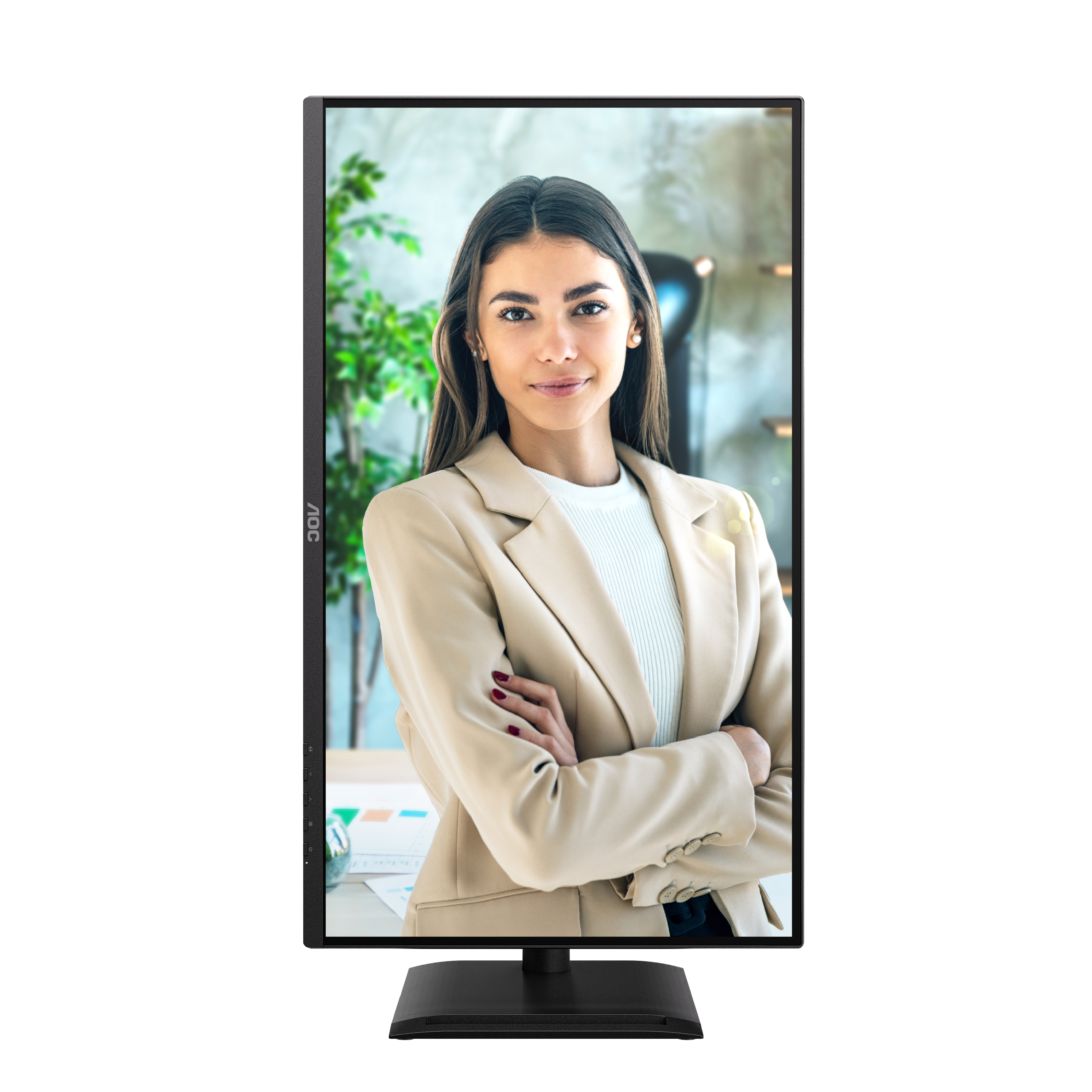 Vrouw in beige blazer op een monitor. De monitor staat op een zwarte standaard. Achtergrond: groene planten en wazig kantoor.
