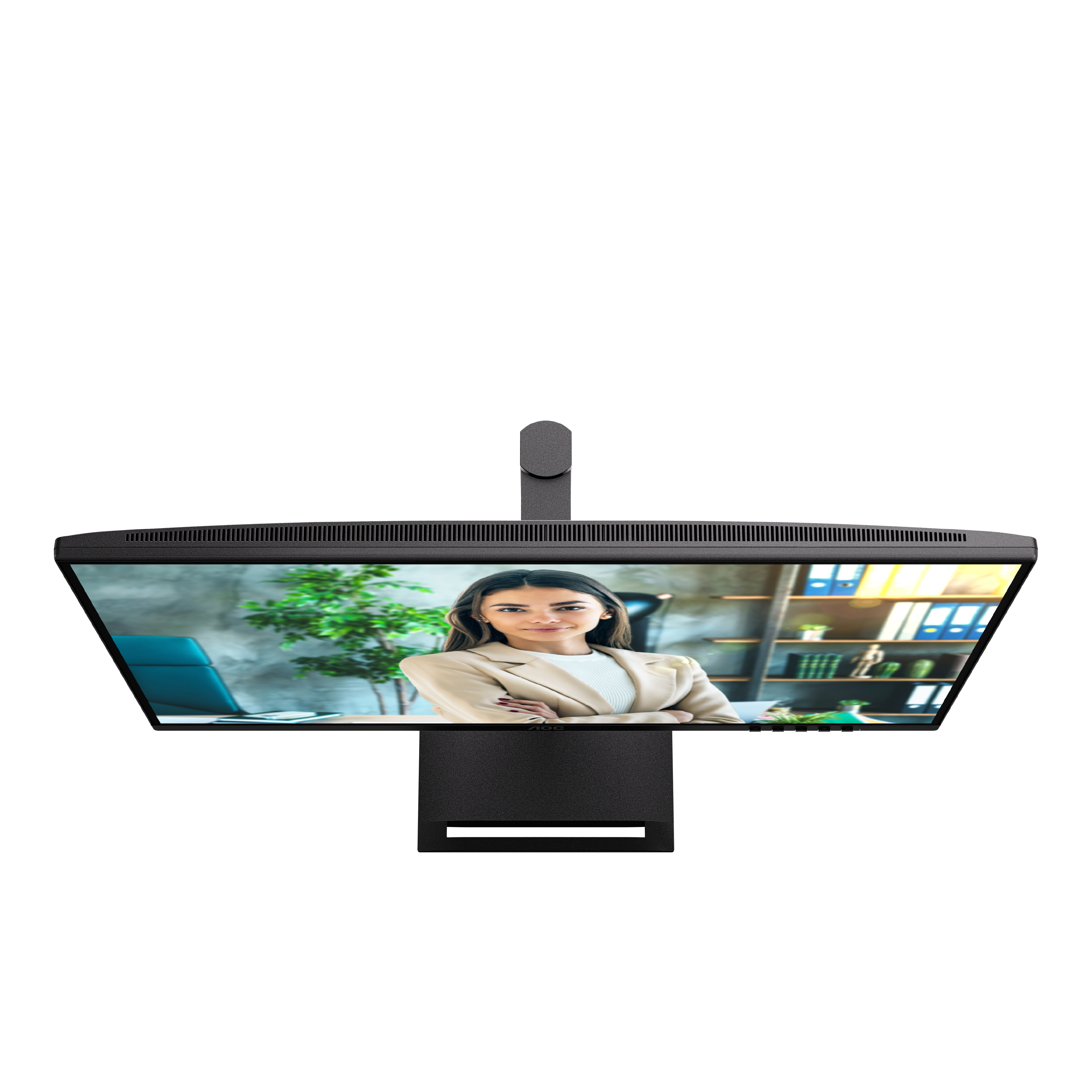 Een monitor toont een vrouw in een blazer. De monitor staat op een witte achtergrond. De vrouw is in een kantooromgeving.