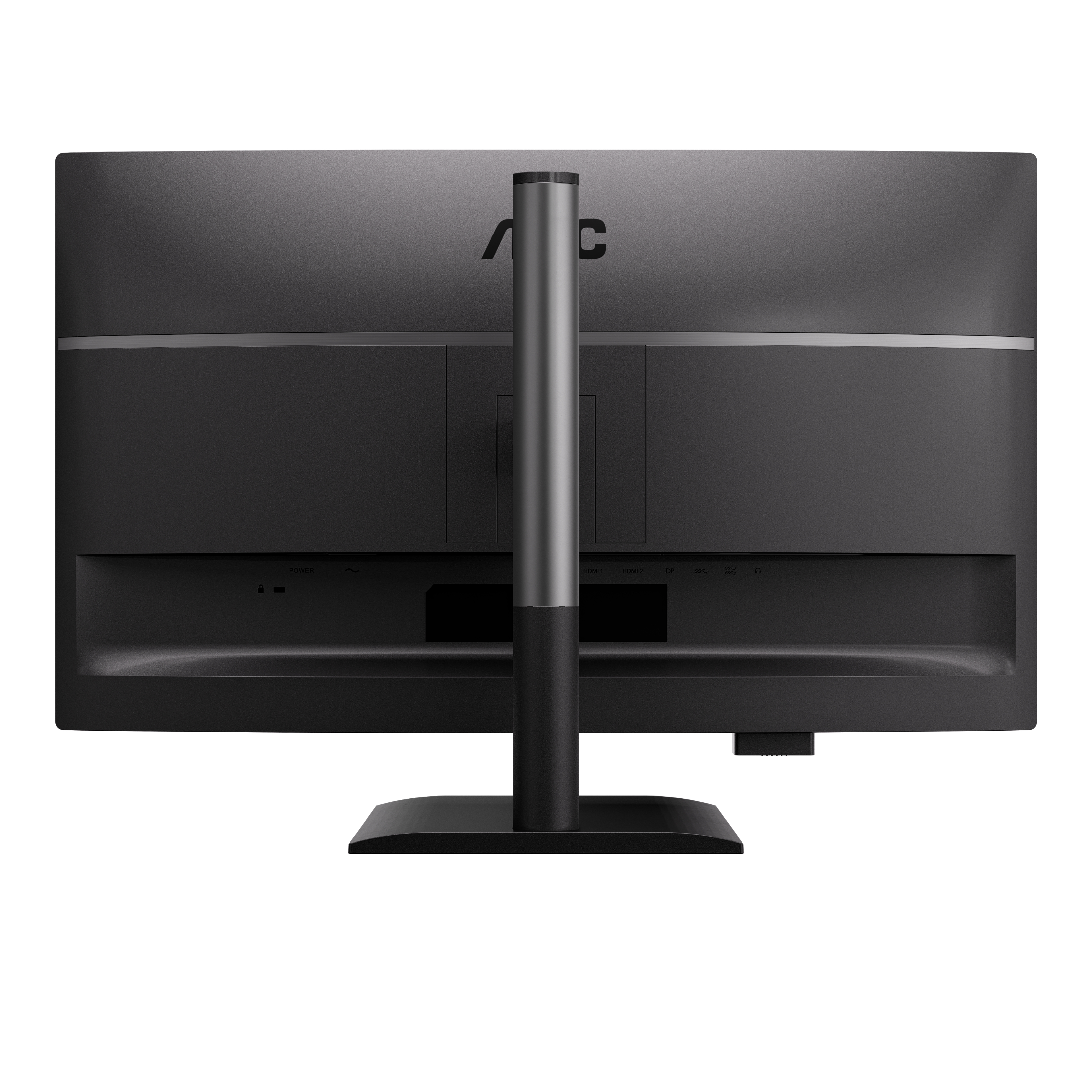 Achterkant van een zwarte computermonitor met zilveren standaard. Het AOC-logo is zichtbaar.
