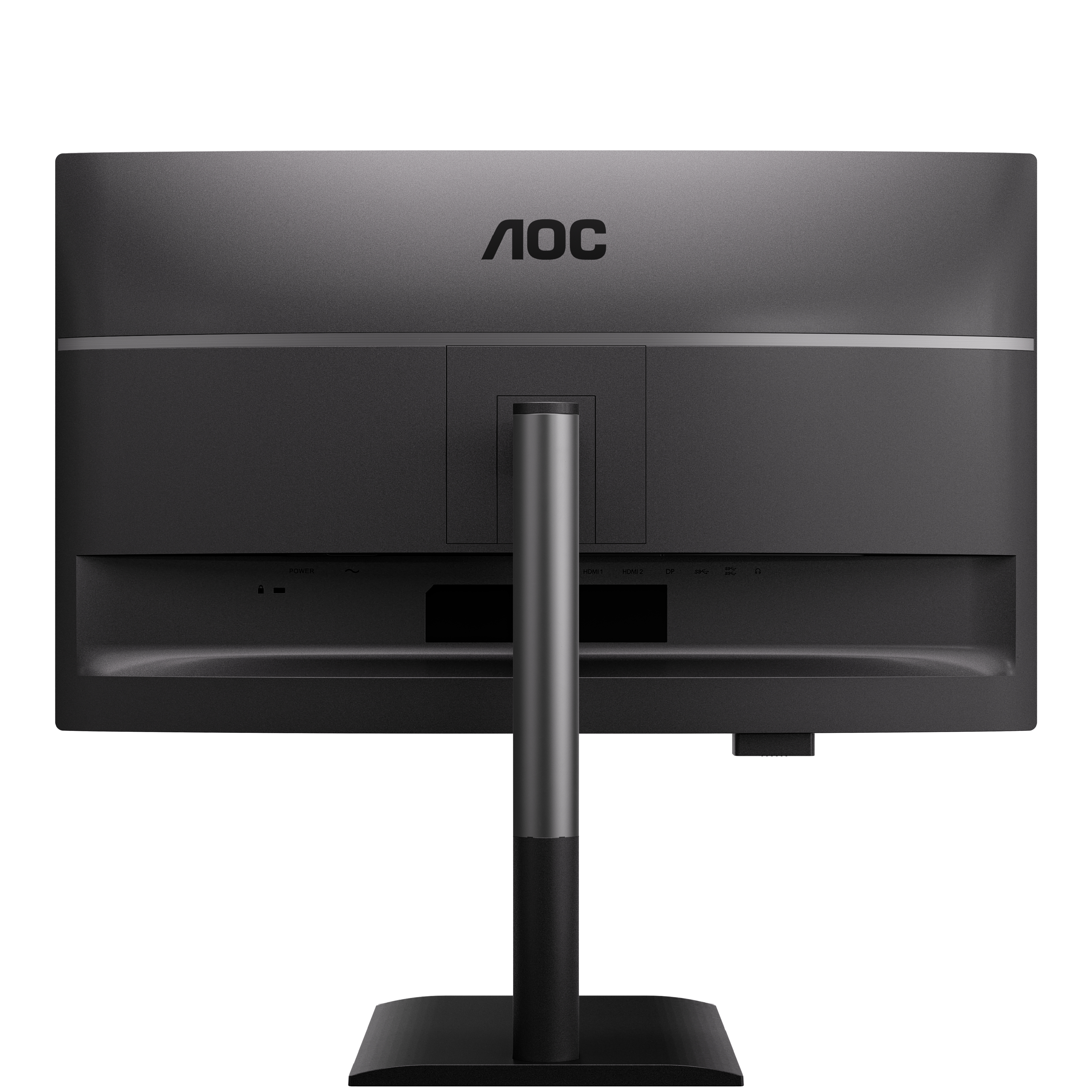 De achterkant van een zwarte AOC-monitor. Het heeft een standaard en verschillende poorten. Het AOC-logo is zichtbaar.