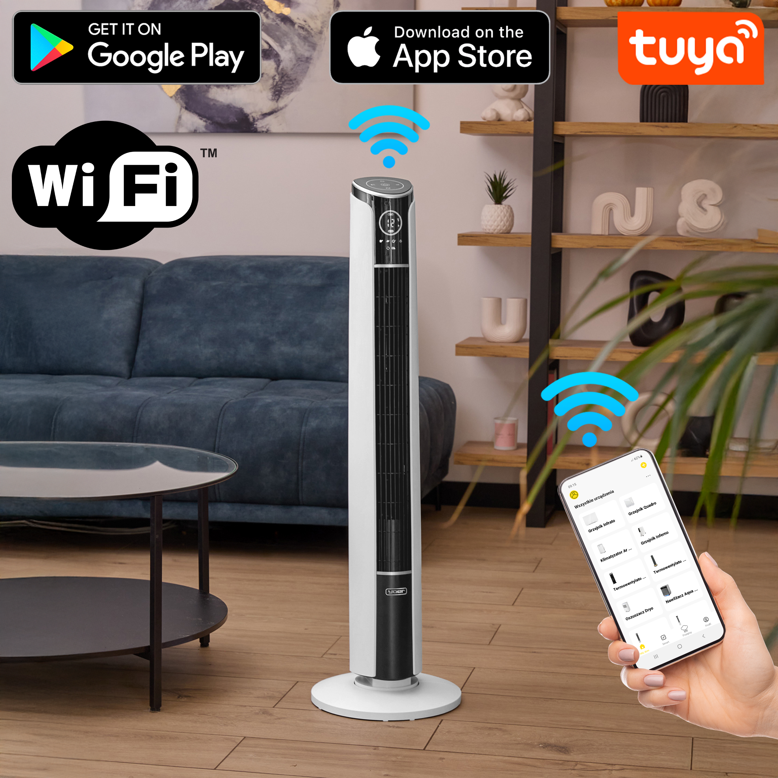Biały wentylator z telefonem pokazującym aplikację, logo Wi-Fi i ikony App Store w salonie.