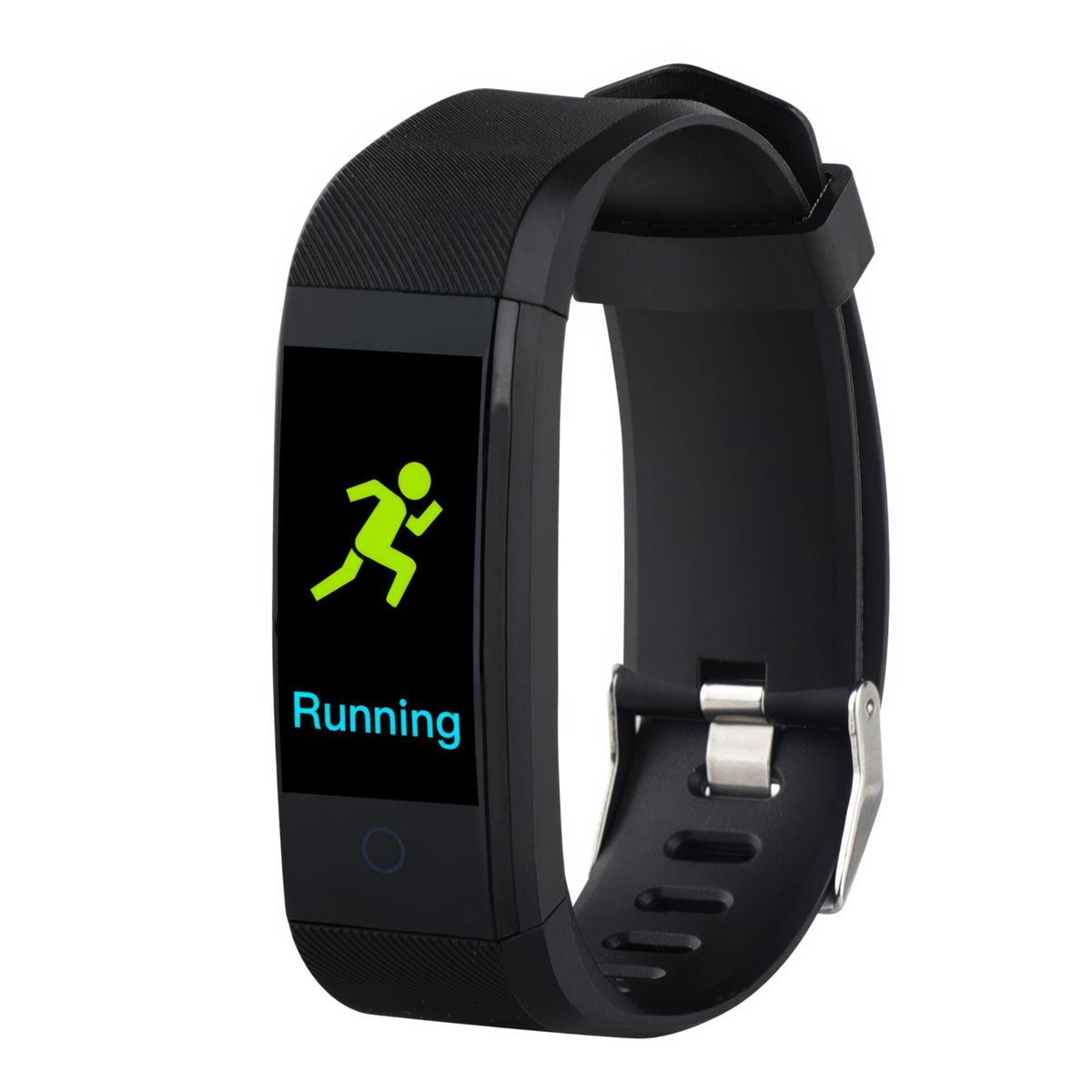 Tracker di fitness nero con uno schermo che mostra una figura verde che corre e la parola 'Running'. Anche il cinturino è nero.