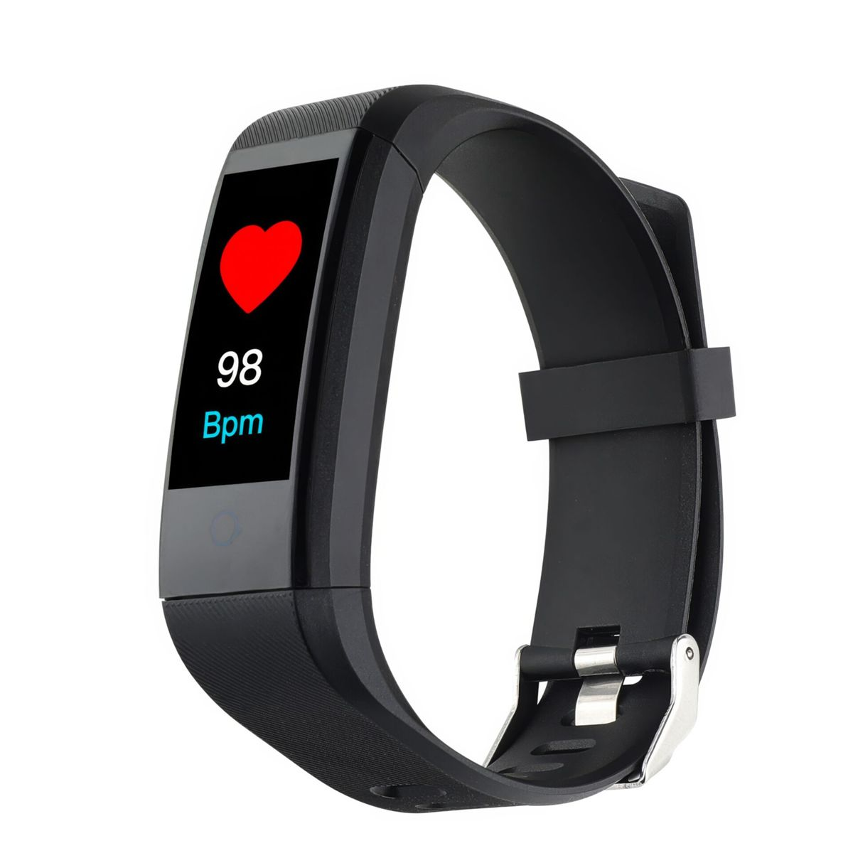 Un fitness tracker nero mostra un'icona a cuore rosso, 98 bpm su schermo nero. Il cinturino è nero con fibbia argentata.