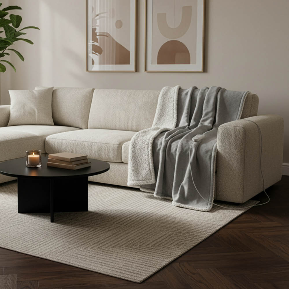 Beiges Ecksofa mit grauer Decke und Kissen. Schwarzer runder Tisch mit Büchern und Kerze. Teppich auf Holzboden.