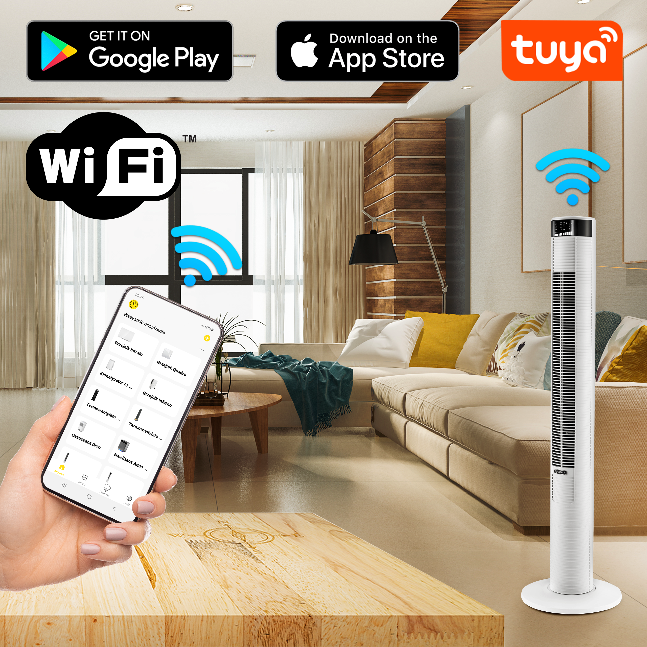 Scena w salonie z wentylatorem, smartfonem, sofą i symbolem WiFi. Widoczne aplikacje dla Google Play i App Store.