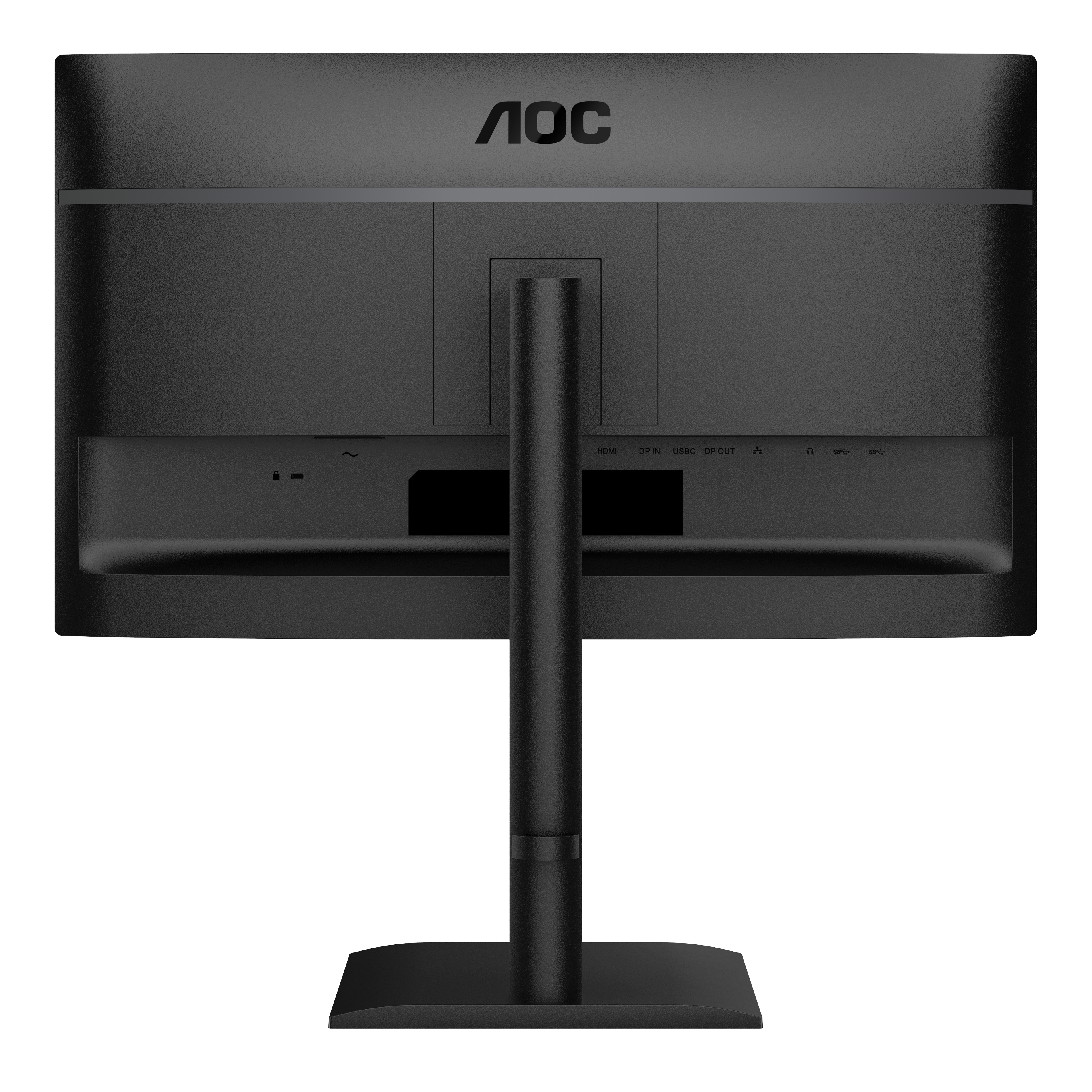 De achterkant van een zwarte computermonitor met het AOC-logo bovenop wordt getoond. Poorten zijn zichtbaar onderaan.