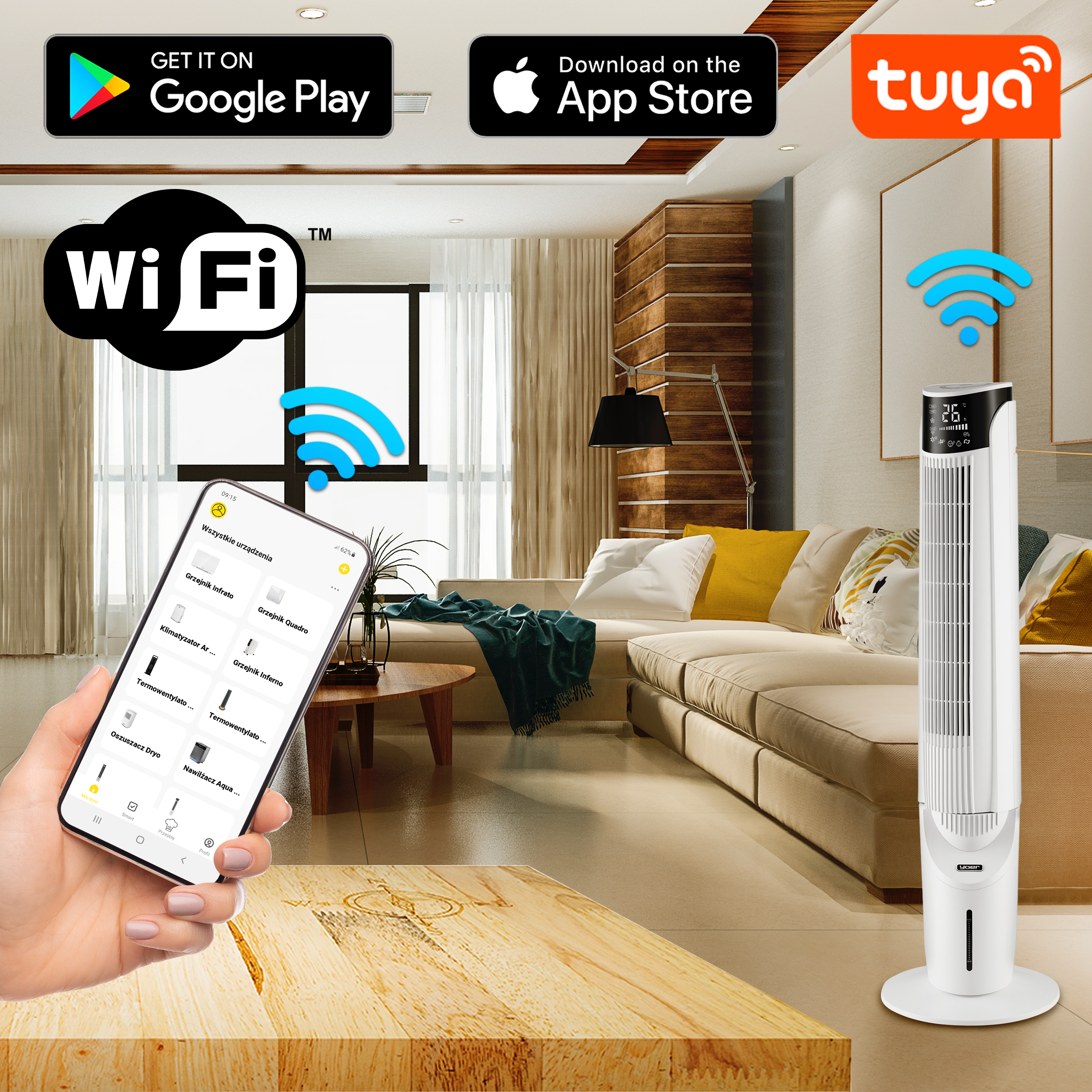 Osoba trzyma telefon z kontrolkami inteligentnego domu. Wentylator jest włączony, z wifi, logo Google Play i App Store.