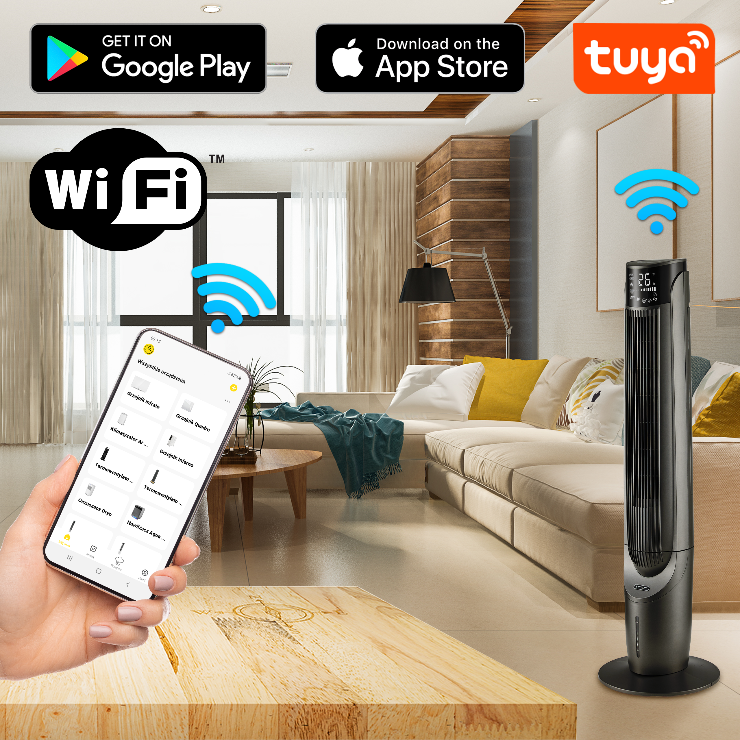 Scena inteligentnego domu pokazuje wentylator, telefon i symbol Wi-Fi. Ręka trzyma telefon, pokazując aplikację smart home.