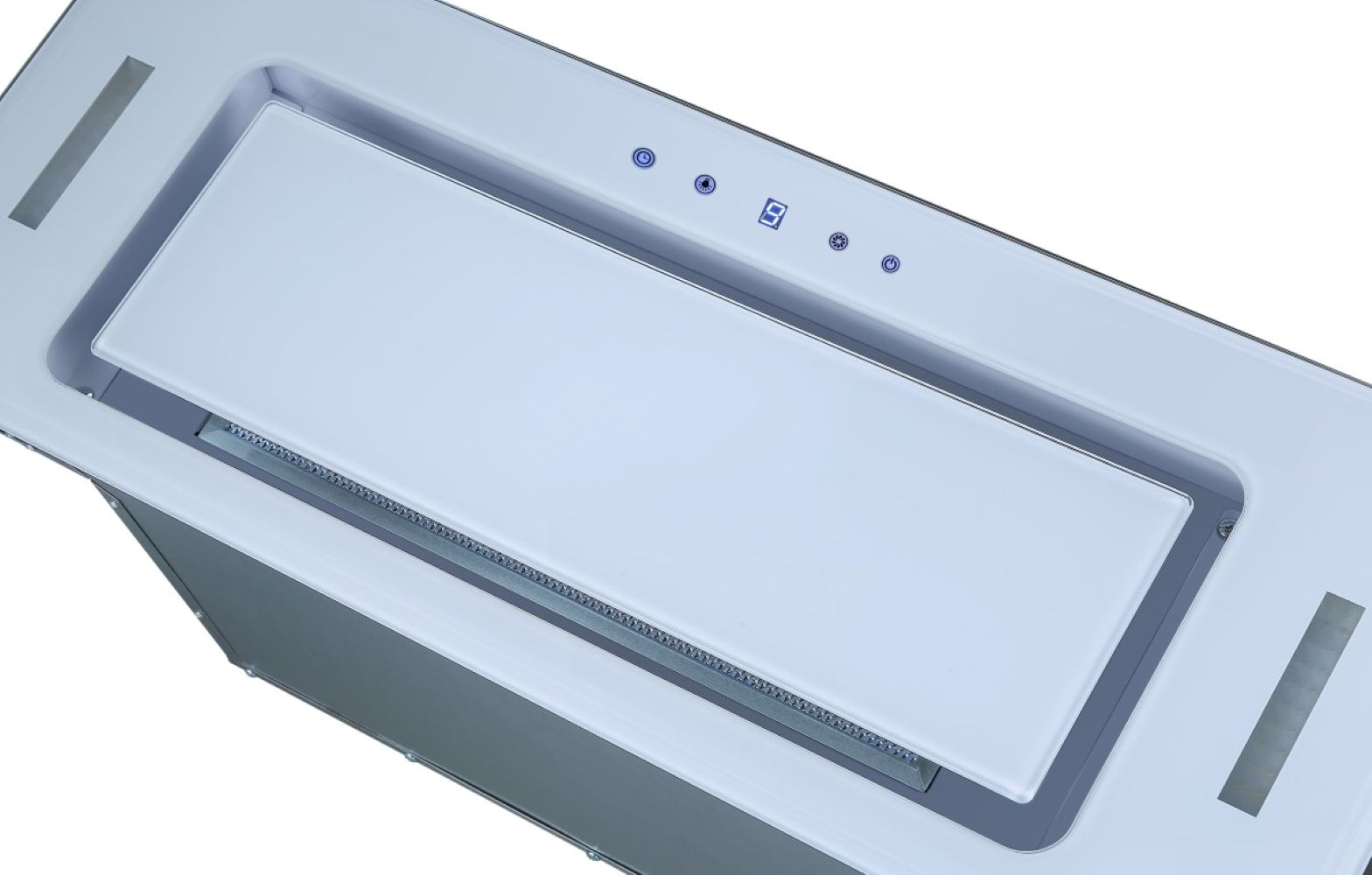 A white range hood with glass and stainless steel. It has integrated lights and control buttons.