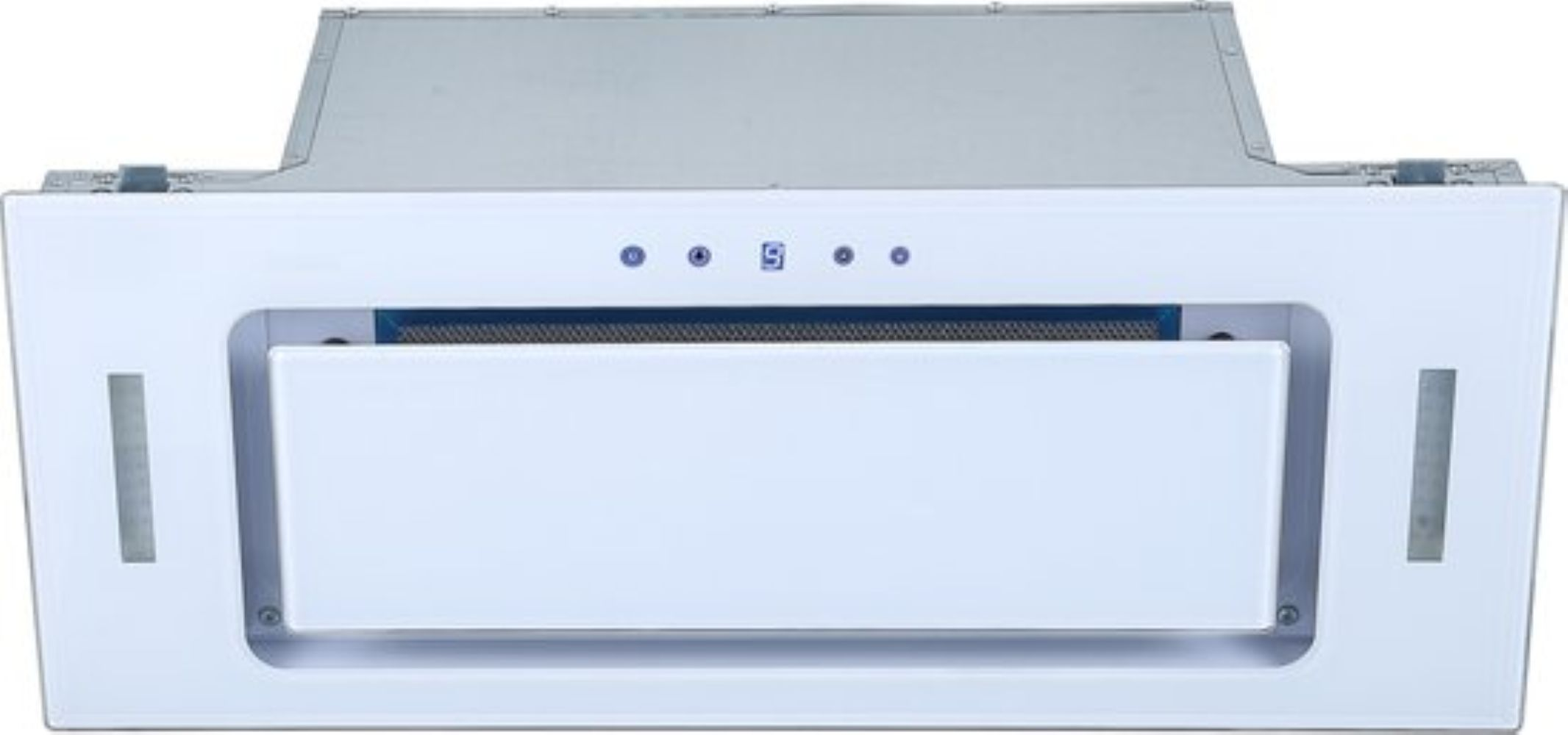 A white kitchen range hood with a rectangular front panel. It has a metal mesh and control buttons. The background is white.